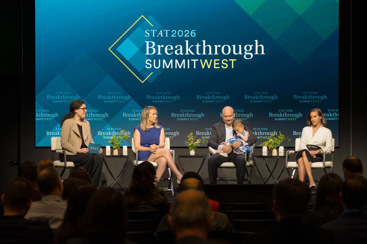 Four panelists seated on stage at STAT2026 Breakthrough Summit West conference with audience visible below