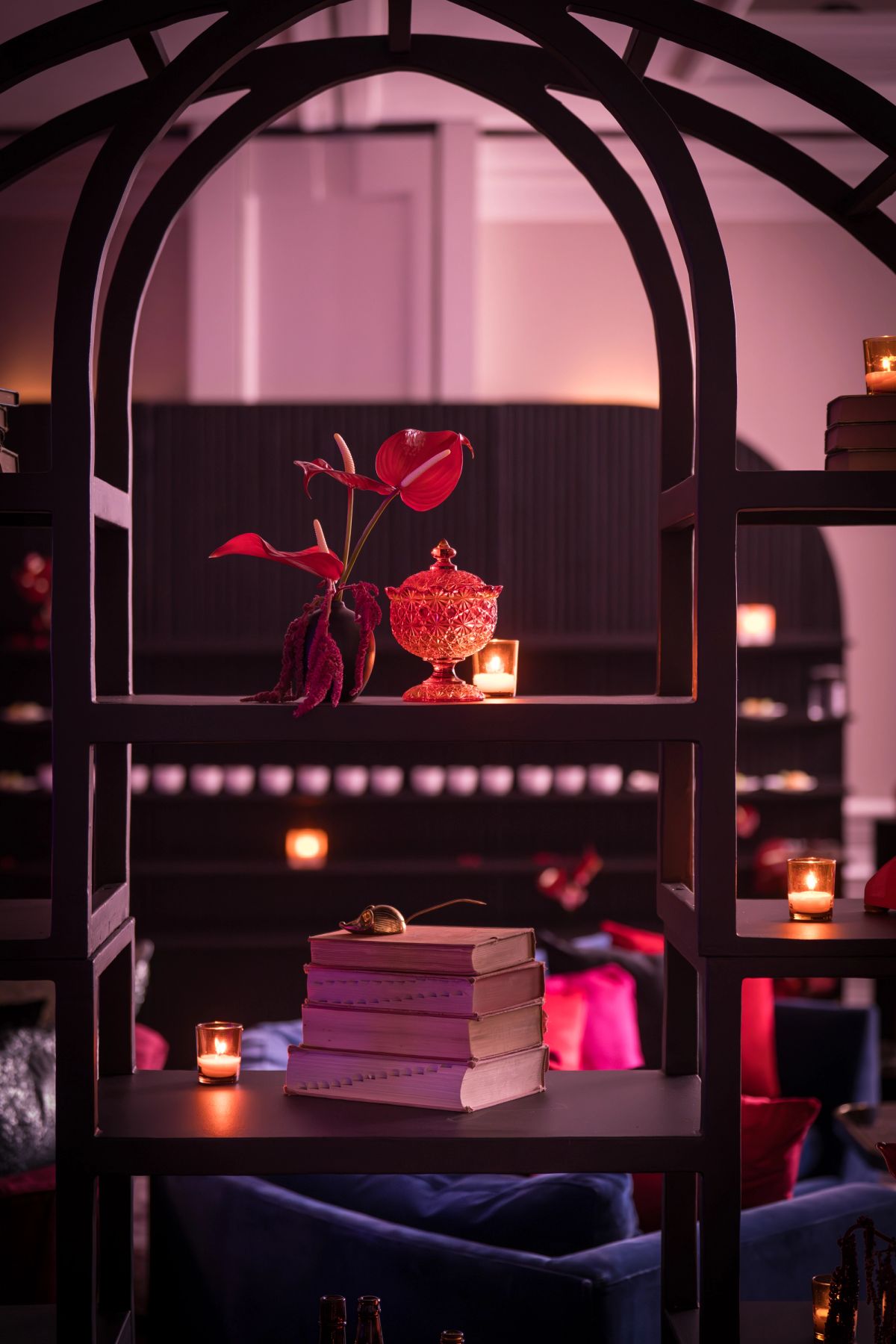 Elegant bookshelf display with stacked books, red plant in decorative bowl, and glowing candles in warm pink.