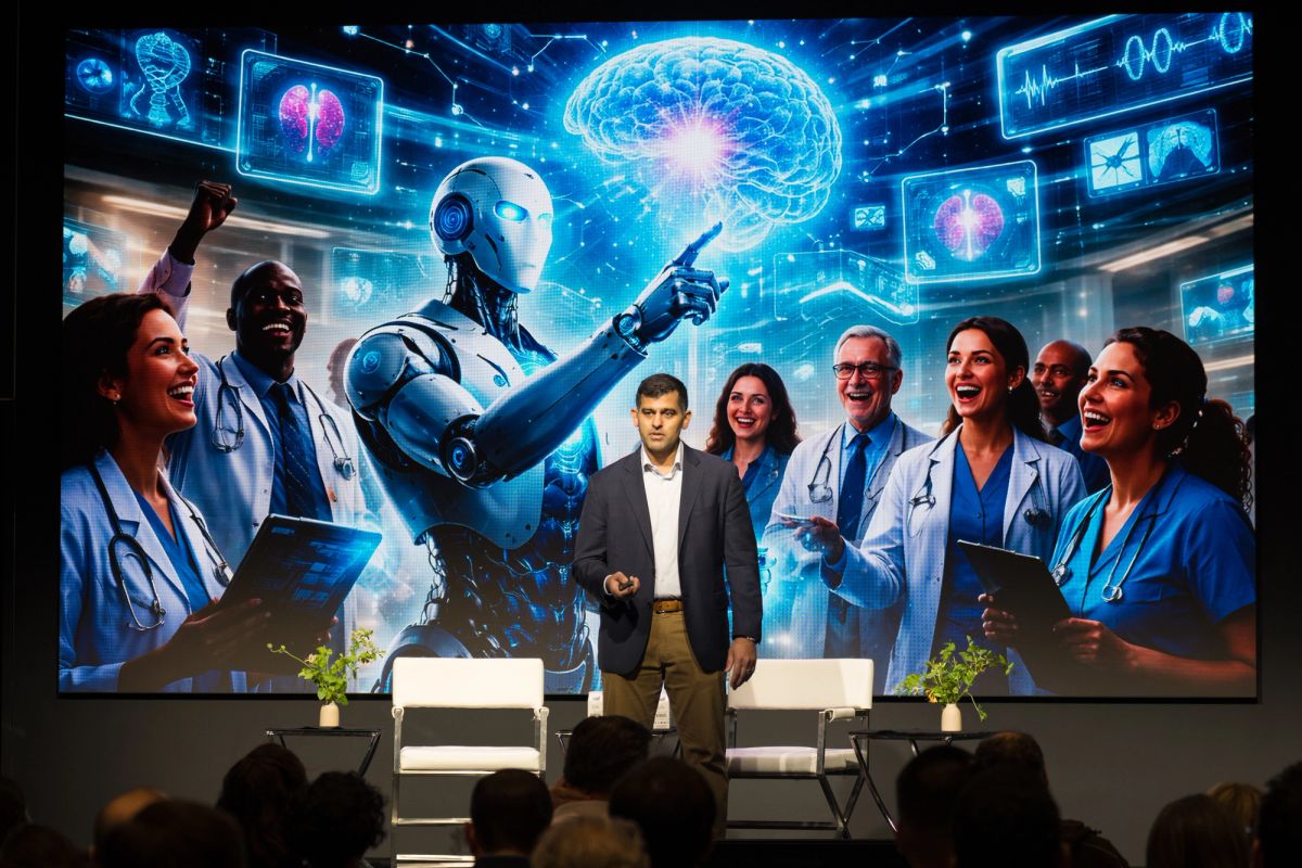 Speaker presenting on stage with large screen showing medical professionals and AI robot with brain imagery