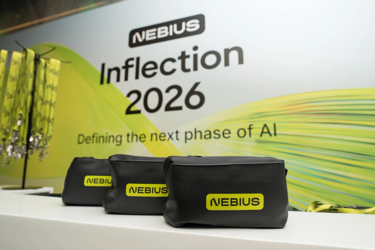 Nebius branded bags displayed before Inflection 2026 "Defining the next phase of AI" backdrop.