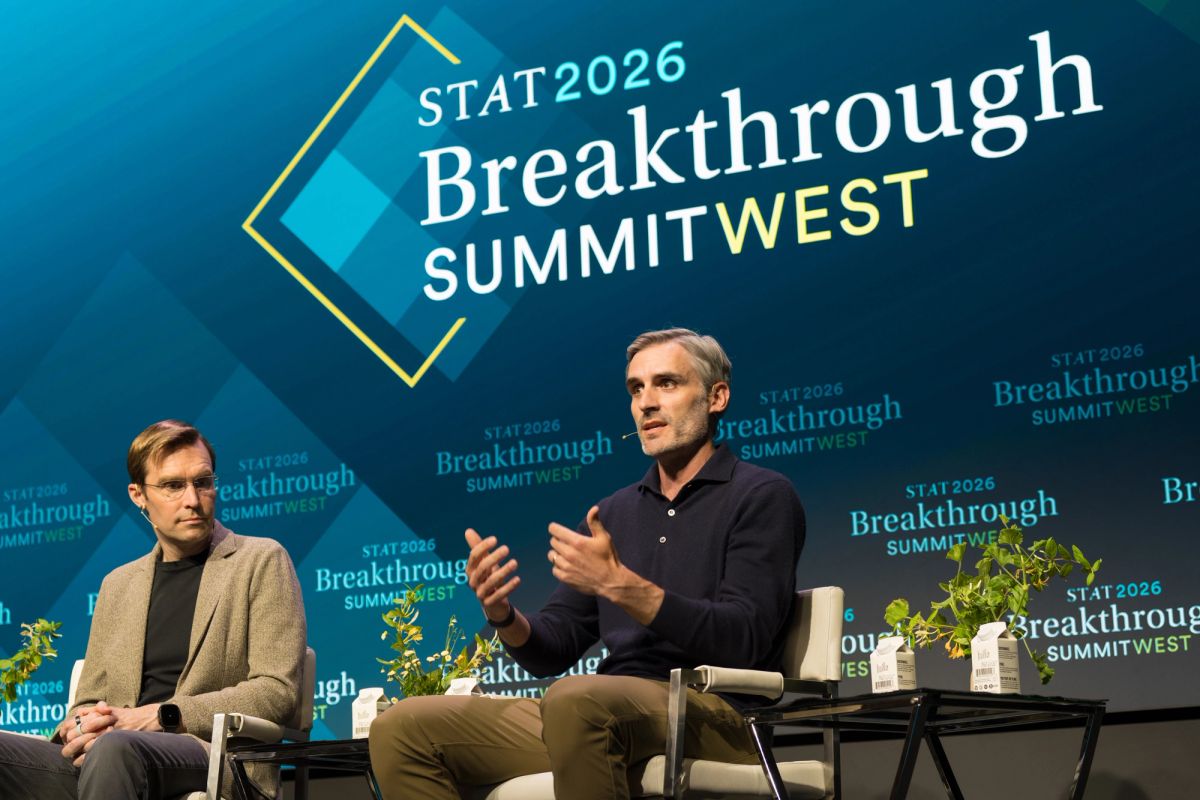 Two speakers seated on stage at STAT 2026 Breakthrough Summit West conference panel discussion