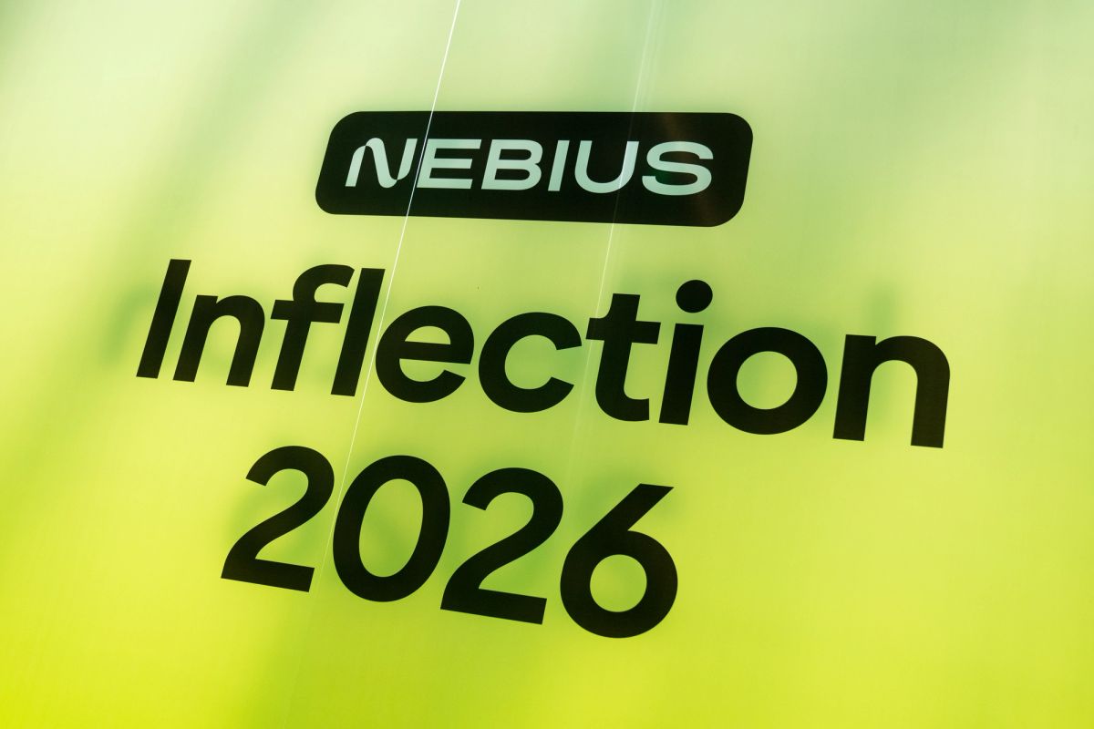 Nebius Inflection 2026 event signage on a bright green blurred background.