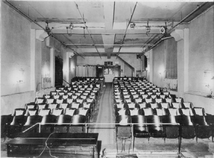 Black and white photo from the stage of the seating at the Cherry Lane theater.