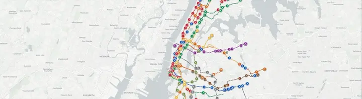 Animated map of New York City with subway lines in their route colours and train markers moving between stations, built by Reflection's Beam model from MTA data