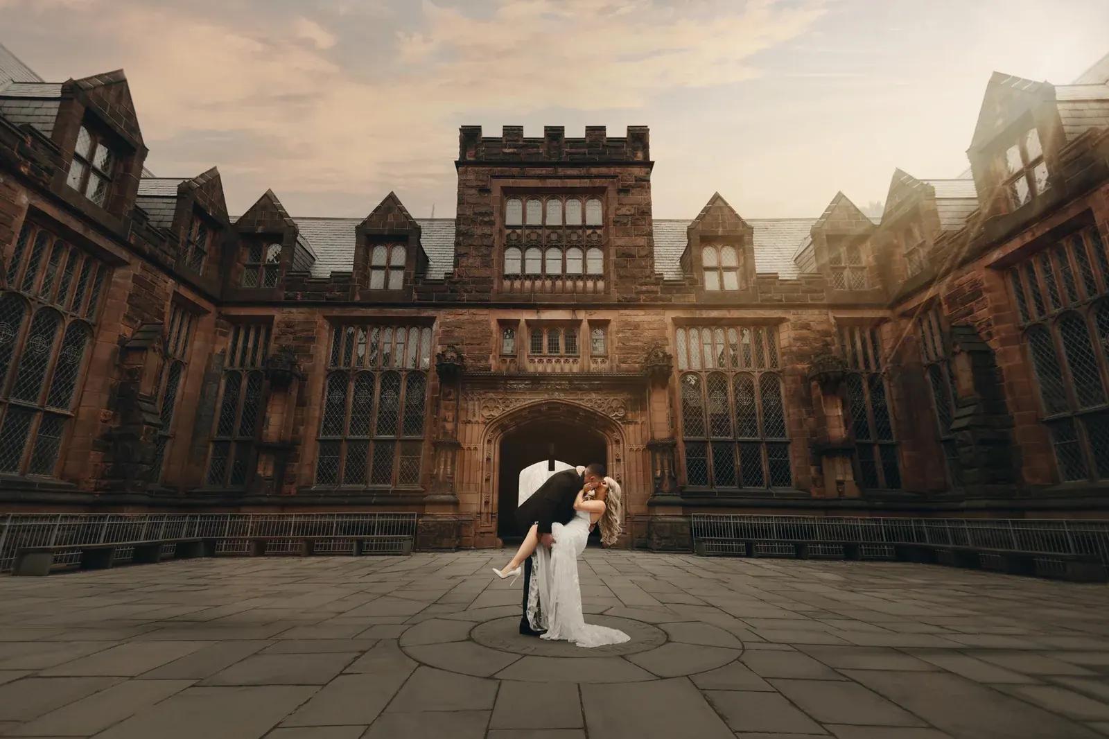 Bride and groom embracing in front of a stately stone estate.