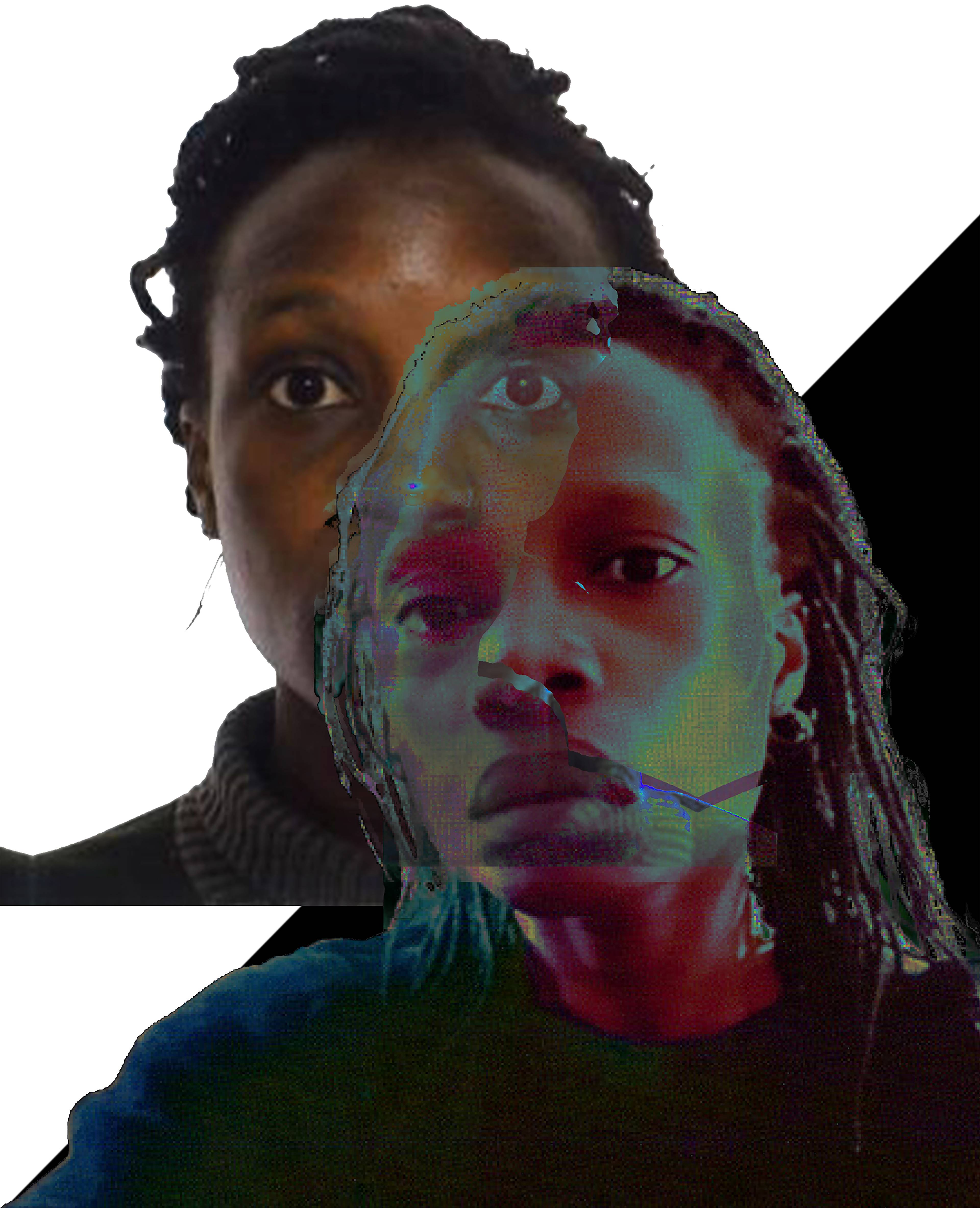 A digitally altered image depicts a person with two overlapping faces, one in color and one in grayscale. The background is divided into a black and white diagonal. The colorful face appears distorted with digital effects.