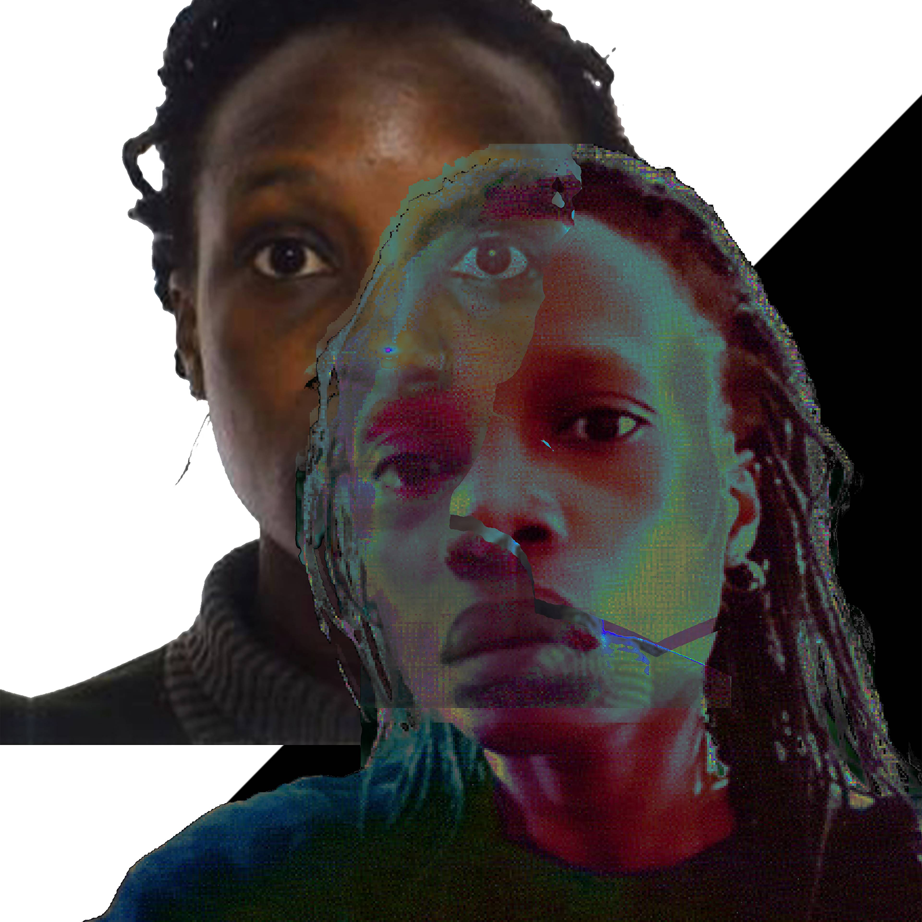 Ein digital verändertes Bild zeigt eine Person mit zwei sich überlappenden Gesichtern, eines in Farbe und eines in Graustufen. Der Hintergrund ist in eine schwarze und eine weiße Diagonale unterteilt. Das farbige Gesicht erscheint durch digitale Effekte verzerrt.