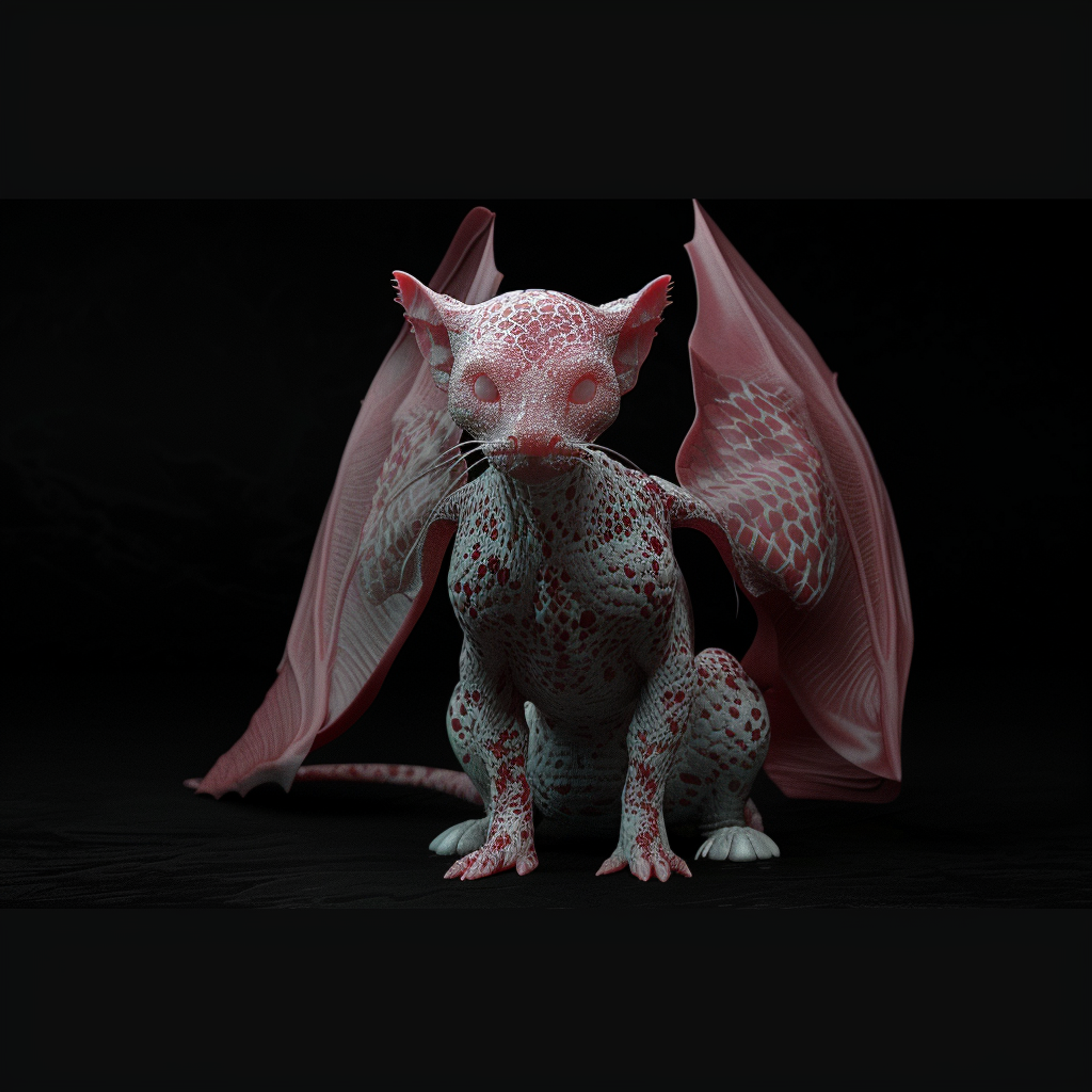 A mystical creature resembling a cat with bat-like wings sits against a dark background. Its skin has a speckled pattern, and the wings are translucent pink, adding an ethereal appearance to the creature.