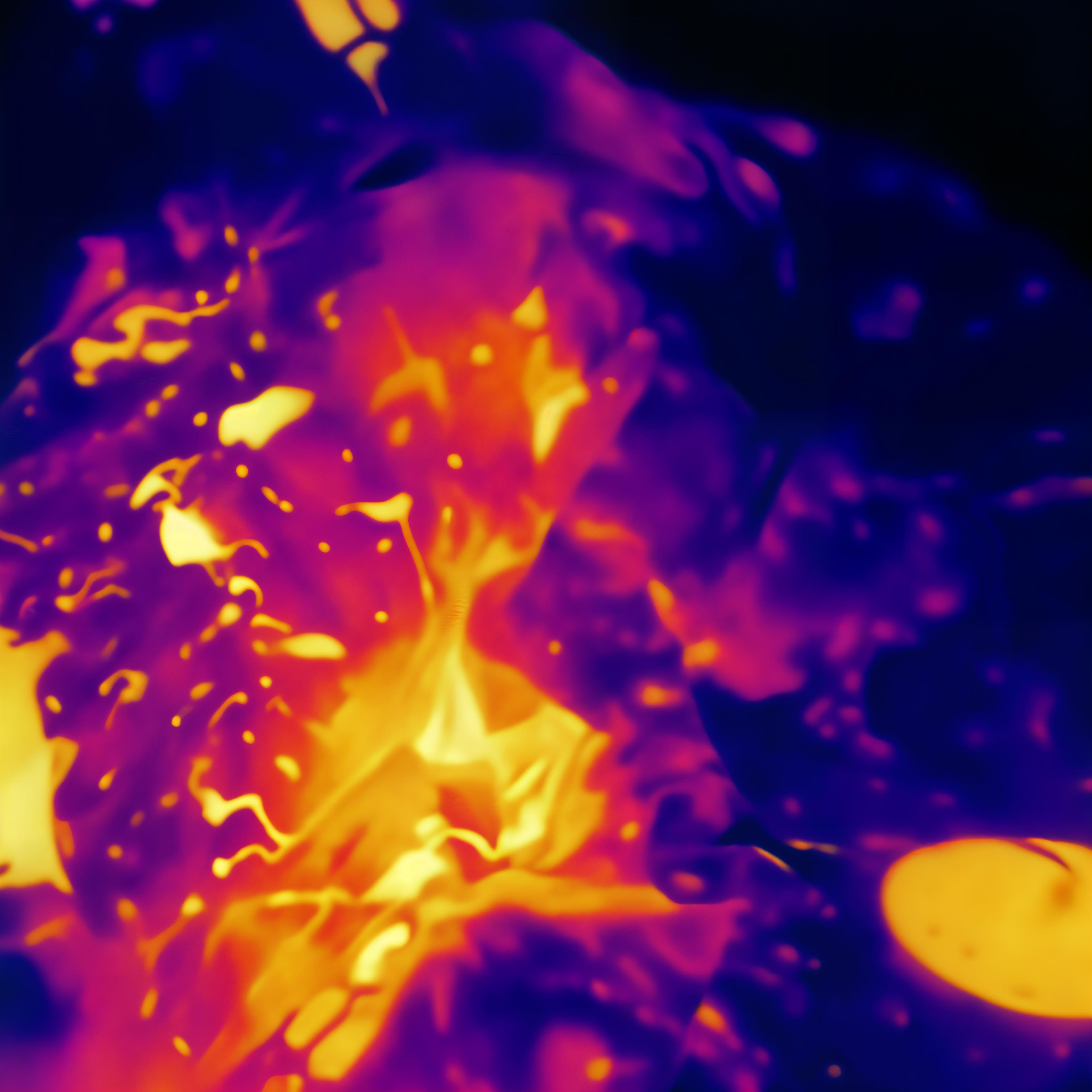 A vibrant thermal imaging representation of abstract organic forms, glowing in shades of orange, purple, and yellow.