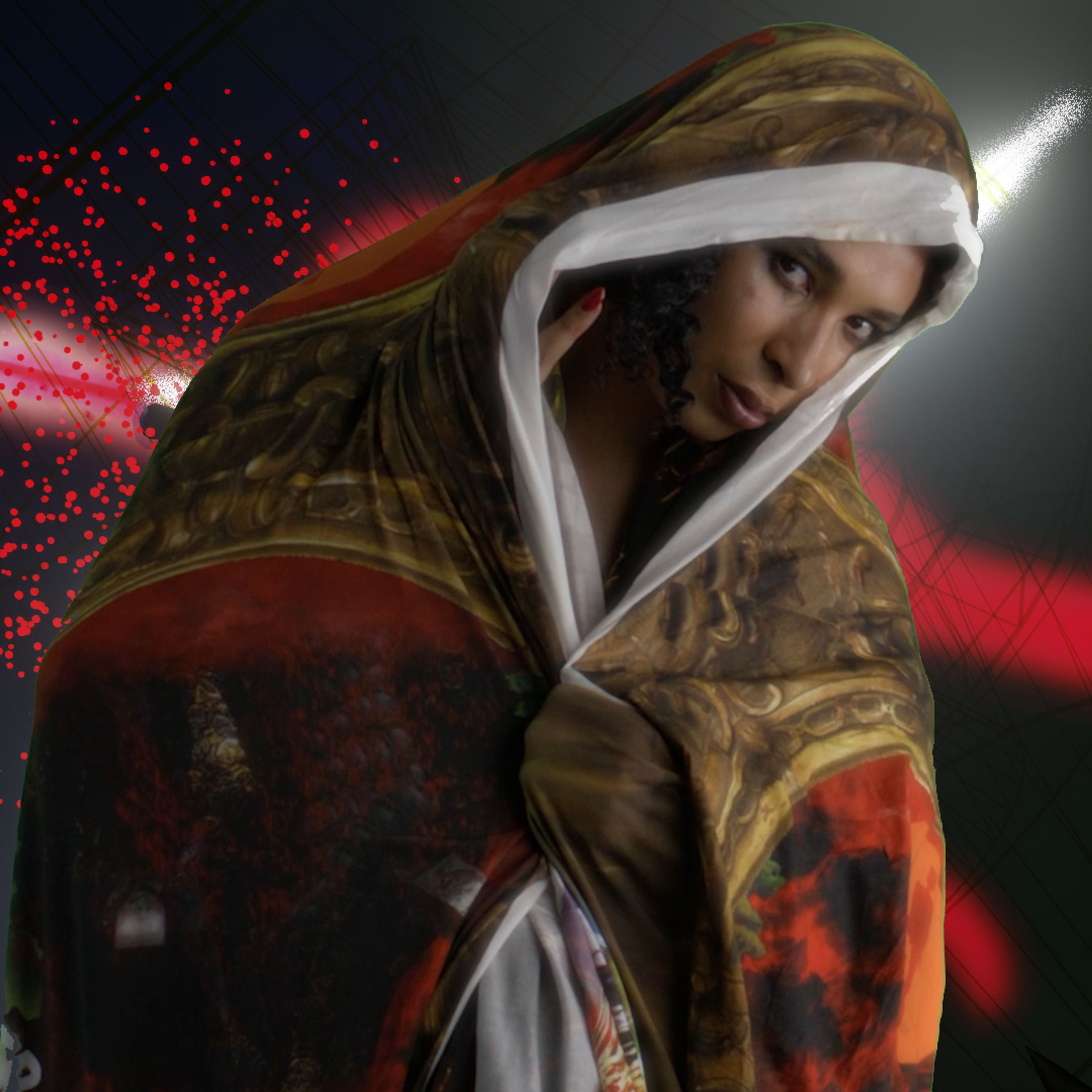 Eine in einen reich gemusterten Umhang mit Kapuze gehüllte Person vor einem dunklen Hintergrund mit roten und weißen abstrakten Lichtmustern. Der Mantel weist verschlungene Muster auf, die die geheimnisvolle und künstlerische Atmosphäre noch verstärken.