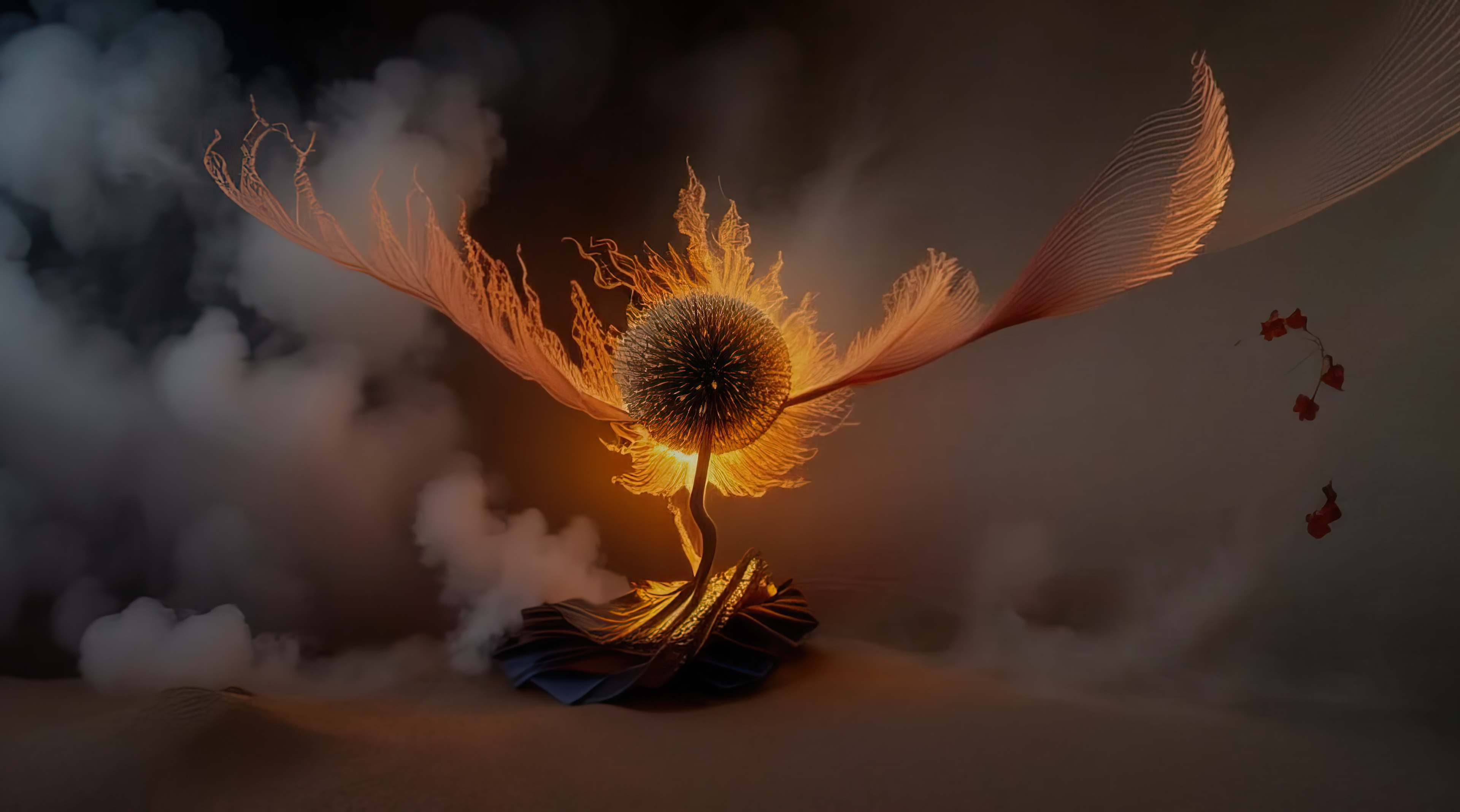 An abstract digital artwork featuring a glowing, spiky orb surrounded by fiery, feather-like shapes, set against a smoky background.