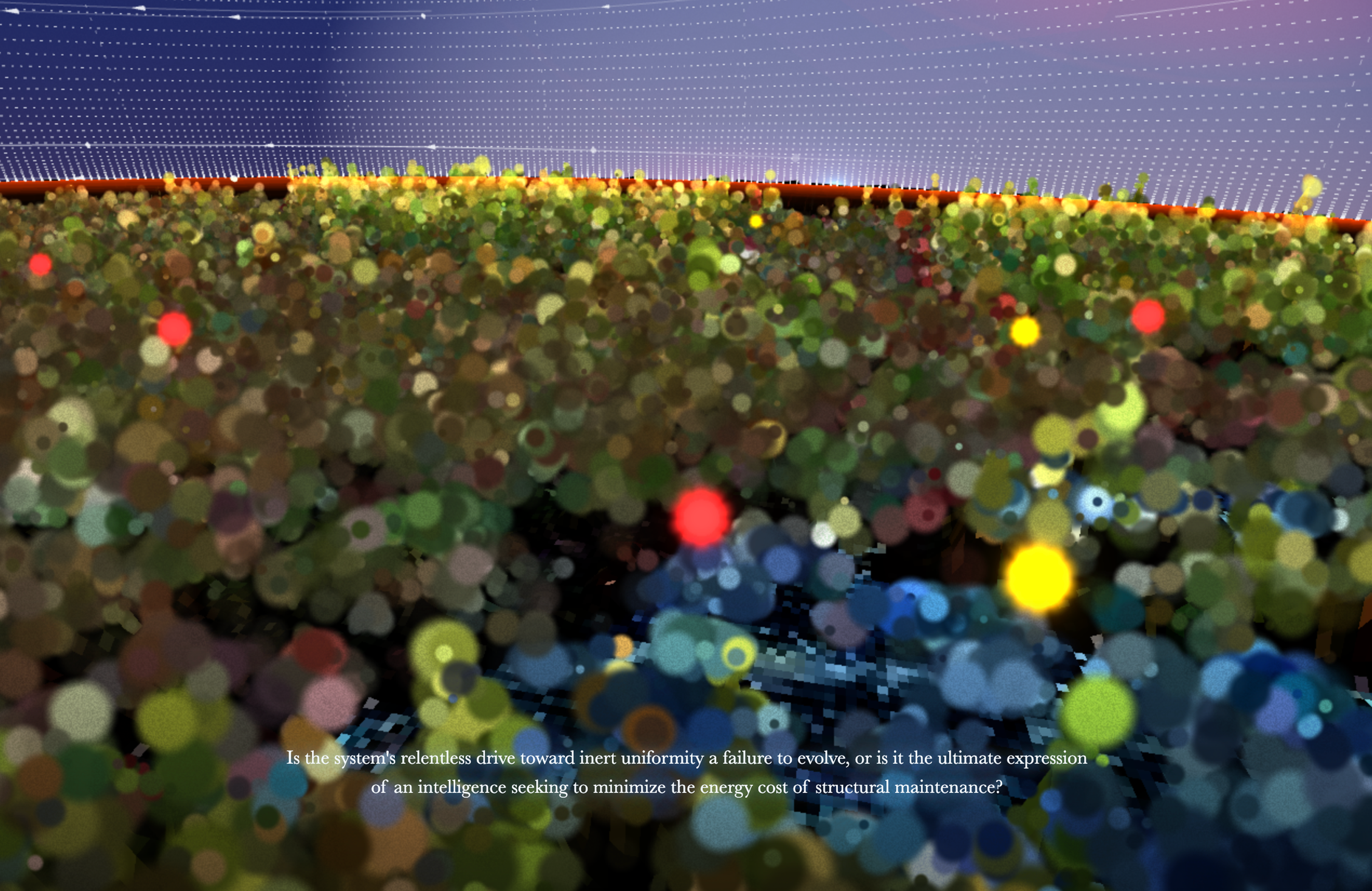 Eine Nahaufnahme einer dichten digitalen Landschaft aus Hunderten überlappenden kreisförmigen Formen in Grün-, Braun-, Blau- und Gelbtönen. Leuchtend rote und gelbe Punkte heben sich von der Oberfläche ab, über der sich ein gebogenes Raster aus weißen Punkten spannt.