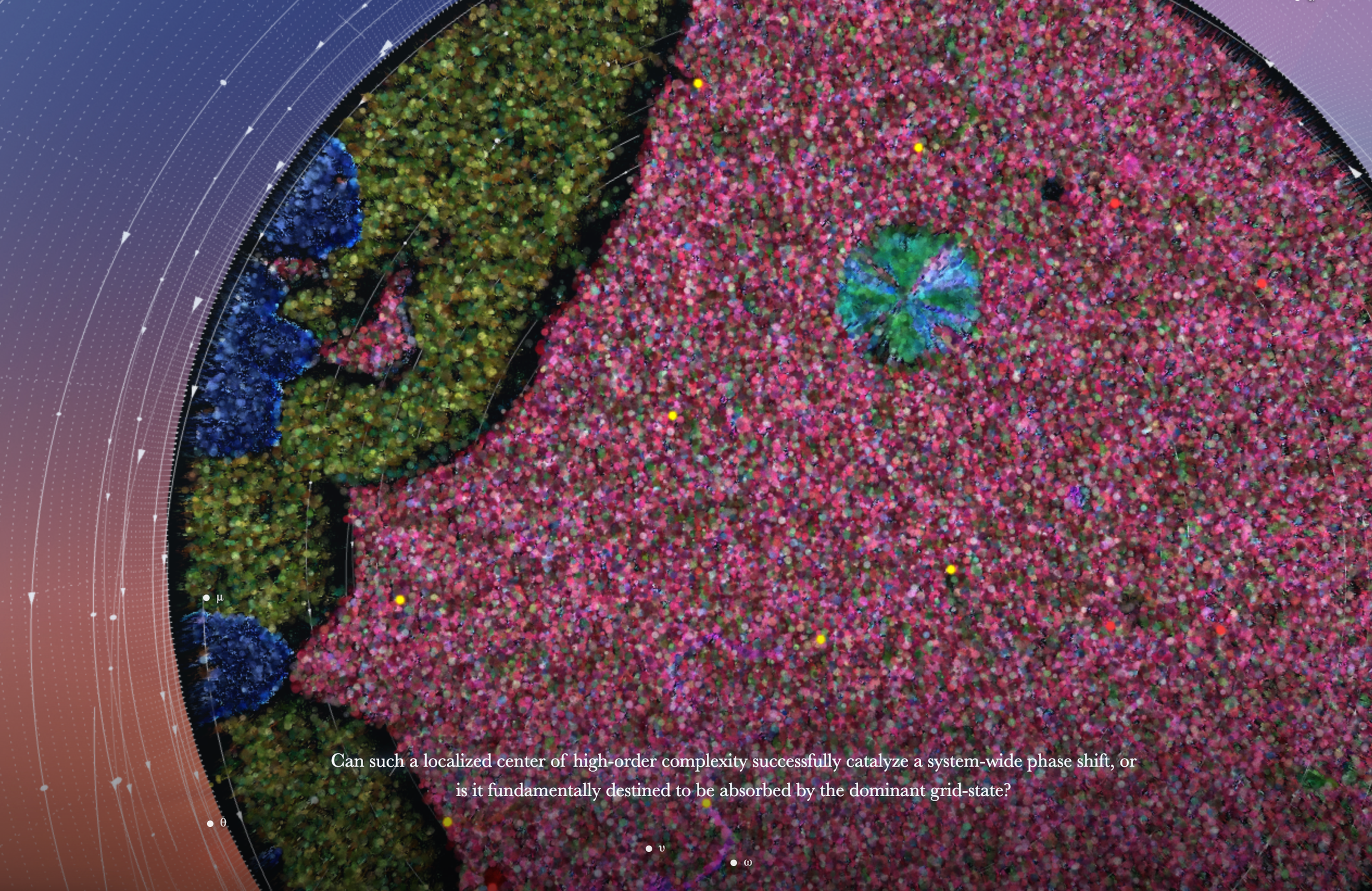 Eine Nahaufnahme einer kreisförmigen digitalen Welt, die dicht mit pinken, grünen und blauen pixelartigen Strukturen bedeckt ist. Nahe der Mitte befindet sich eine kleine blau-grüne, blütenartige Formation; am Rand sind gebogene weiße Linien und vereinzelte Symbole zu sehen.