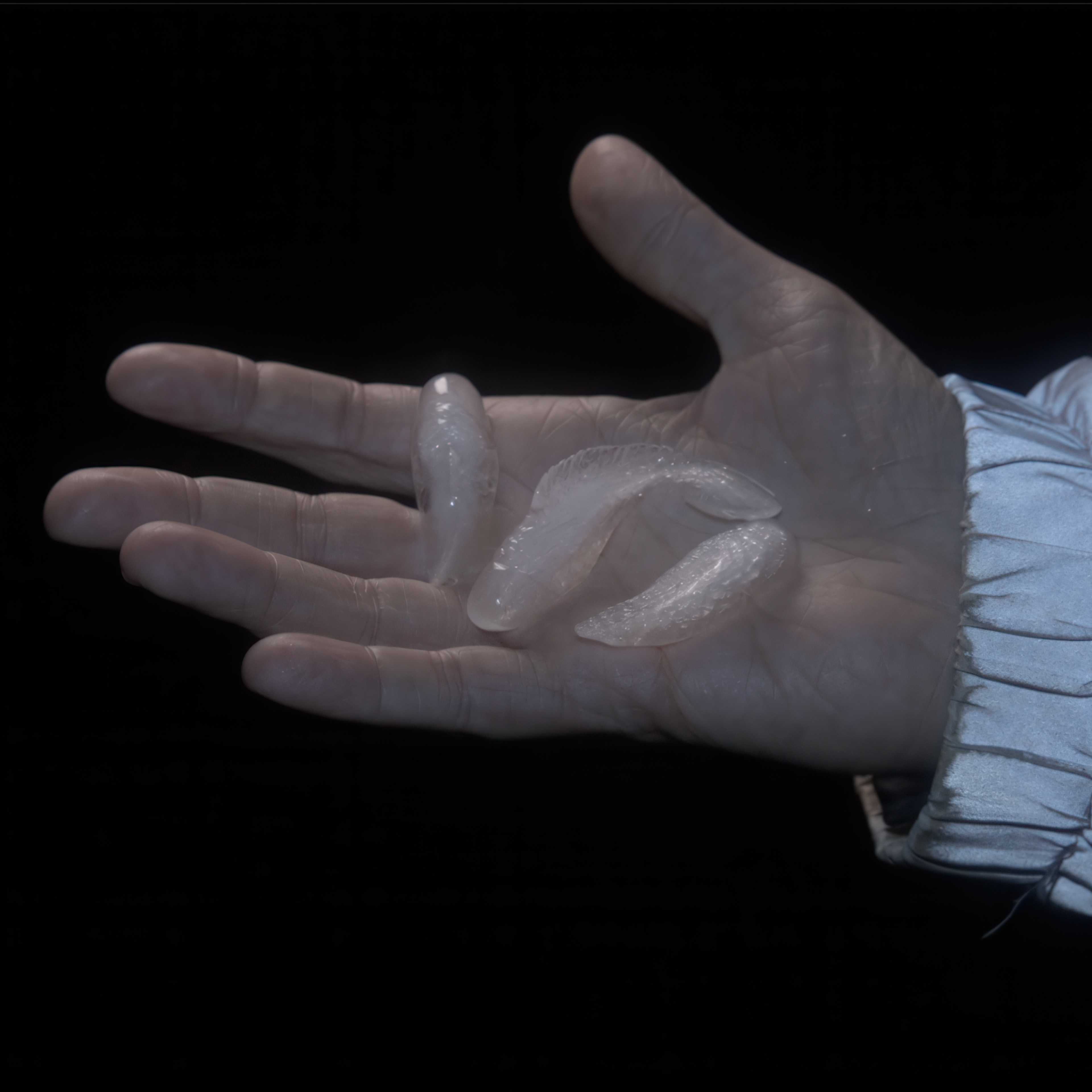 A hand is holding three translucent, curved objects that resemble seed pods. The background is dark, highlighting the objects and the hand, which is slightly cupped.