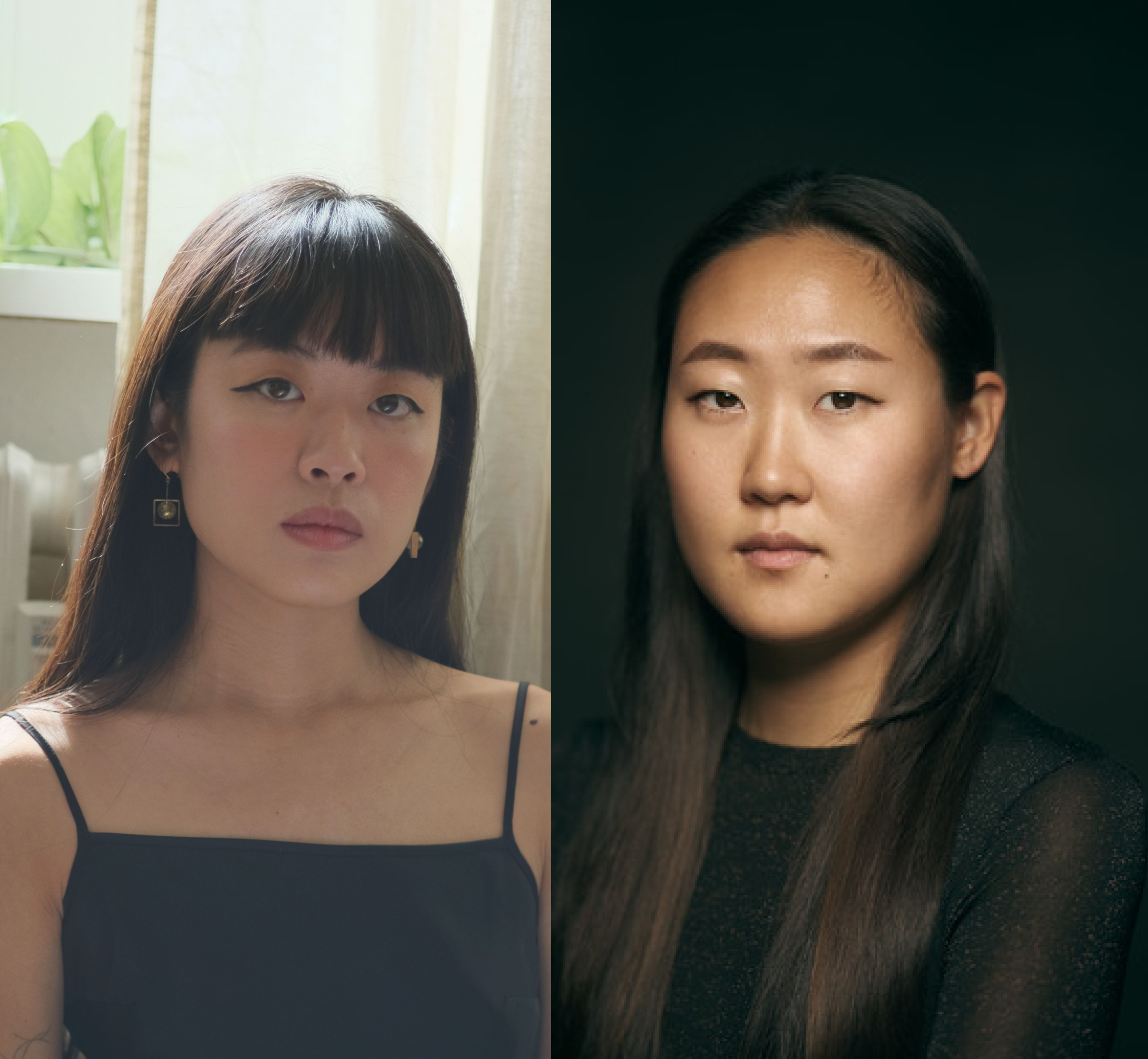 Two portraits of women side by side. The woman on the left has long black hair, wears a black spaghetti strap top, and has a neutral expression against a light background. The woman on the right has long dark hair, wears a black top, and is against a dark background.