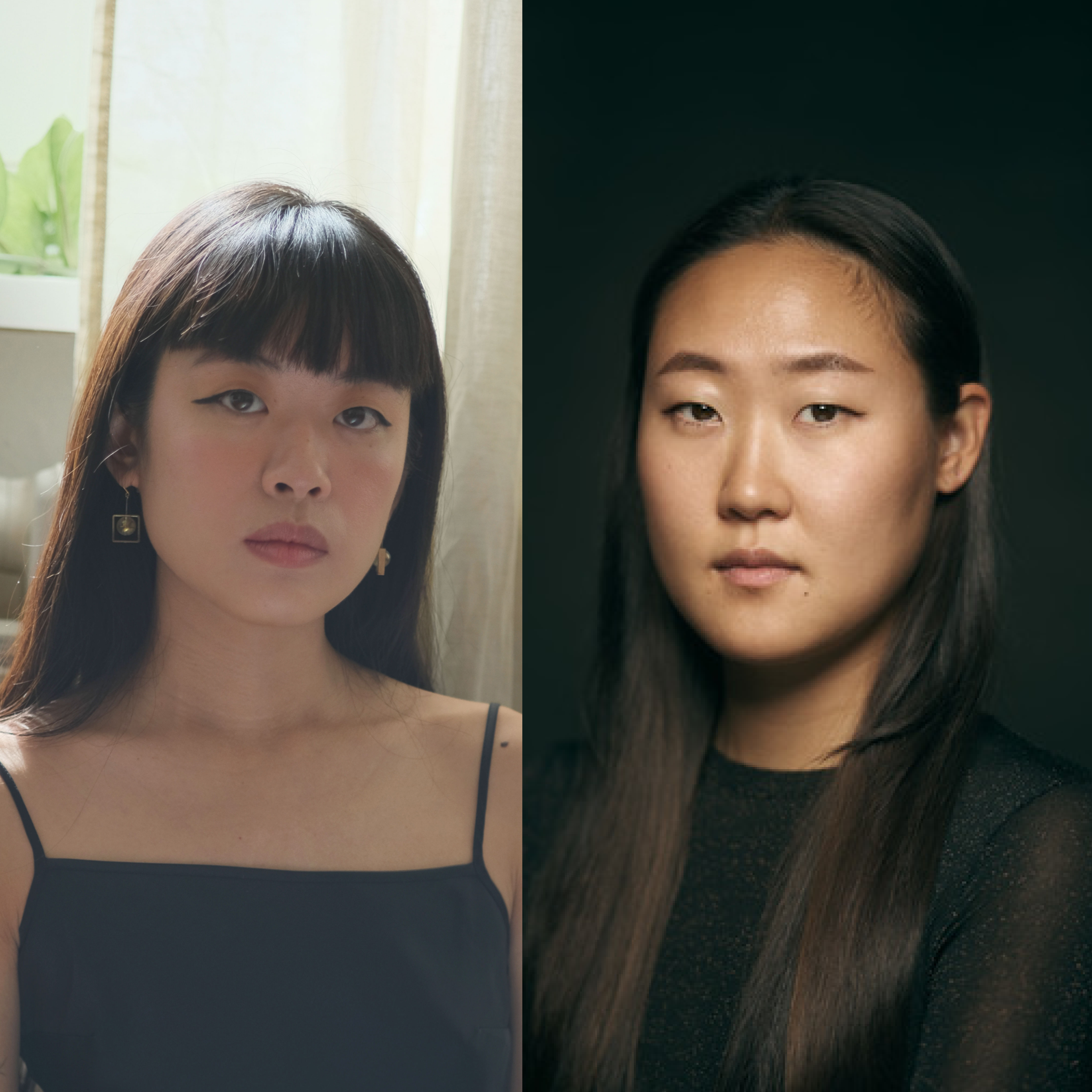 Two portraits of women side by side. The woman on the left has long black hair, wears a black spaghetti strap top, and has a neutral expression against a light background. The woman on the right has long dark hair, wears a black top, and is against a dark background.