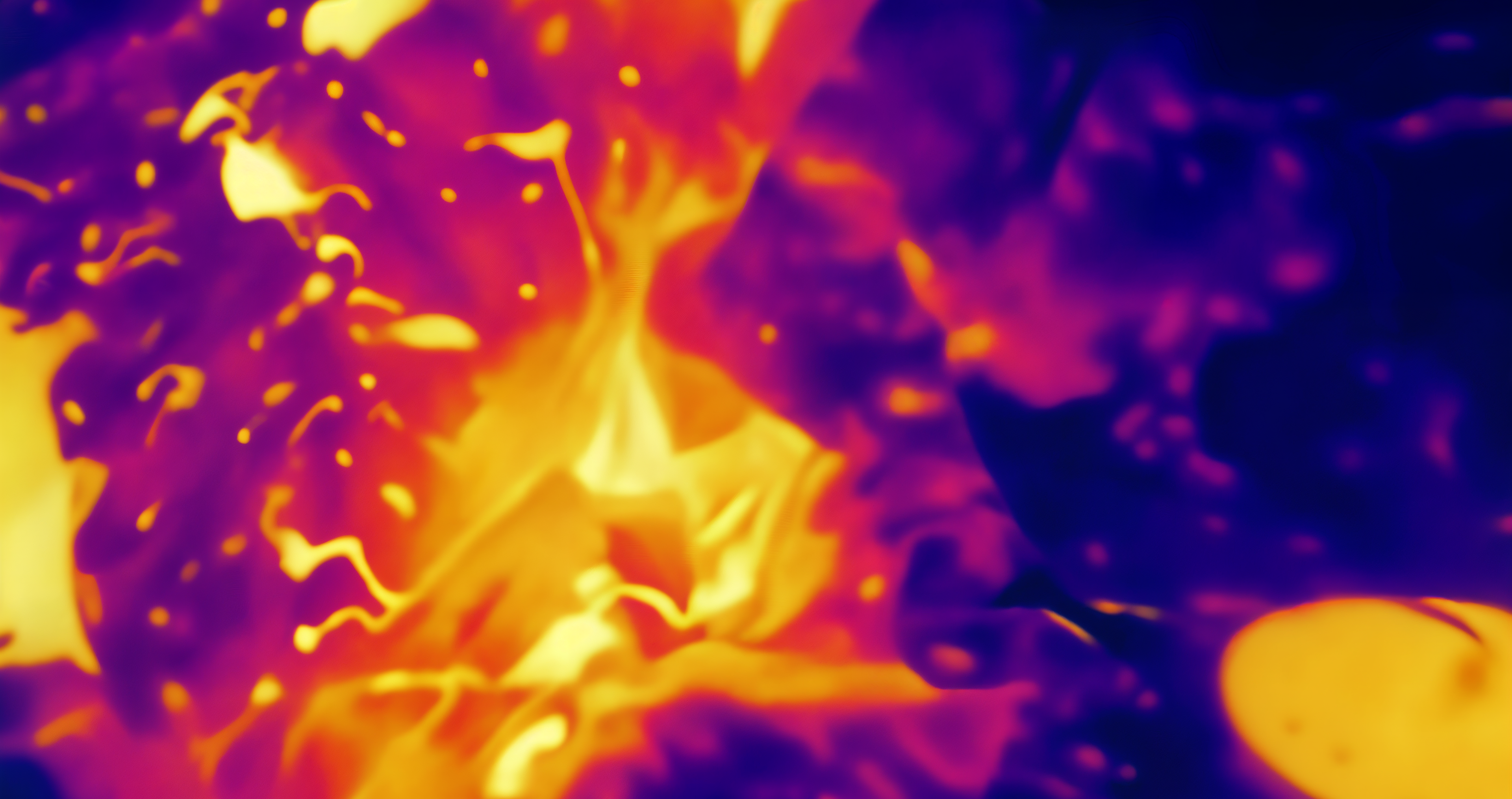 A vibrant thermal imaging representation of abstract organic forms, glowing in shades of orange, purple, and yellow.