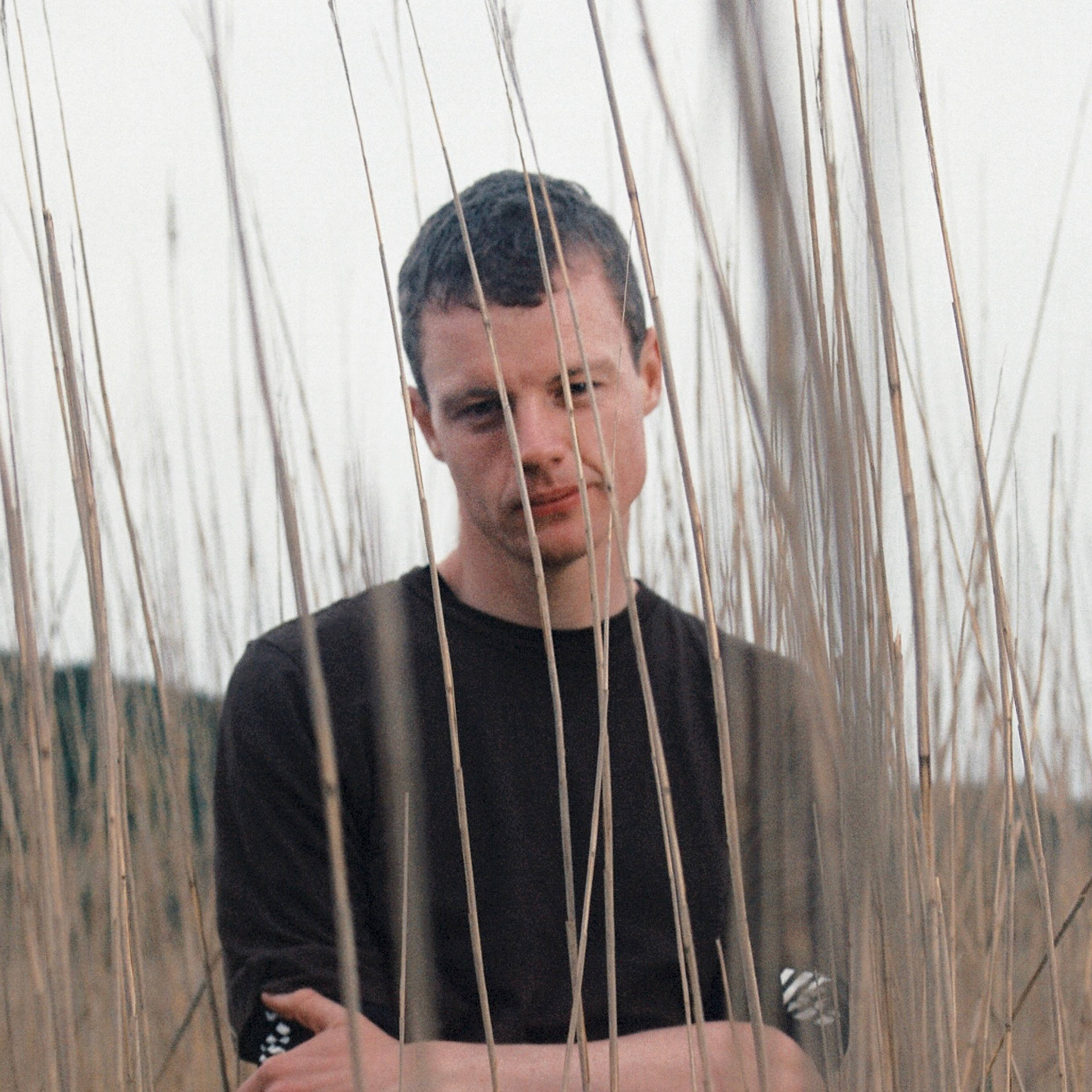 Porträtfoto des Musikers Koreless, dessen Gesicht und Körper teilweise durch Schilf verdeckt sind.