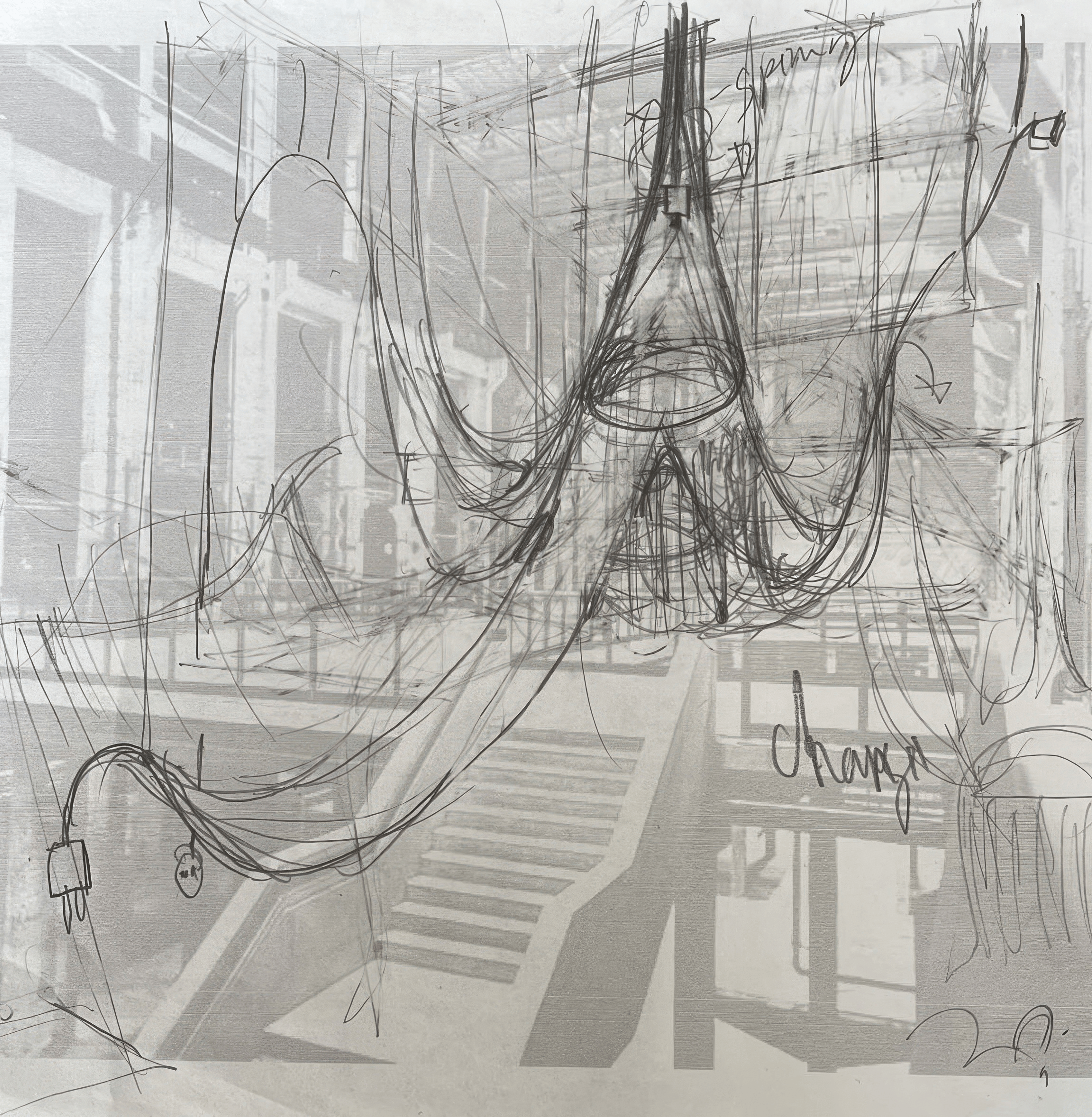 A conceptual sketch of an art installation, featuring swirling lines and a suspended structure, overlaid on an architectural background.