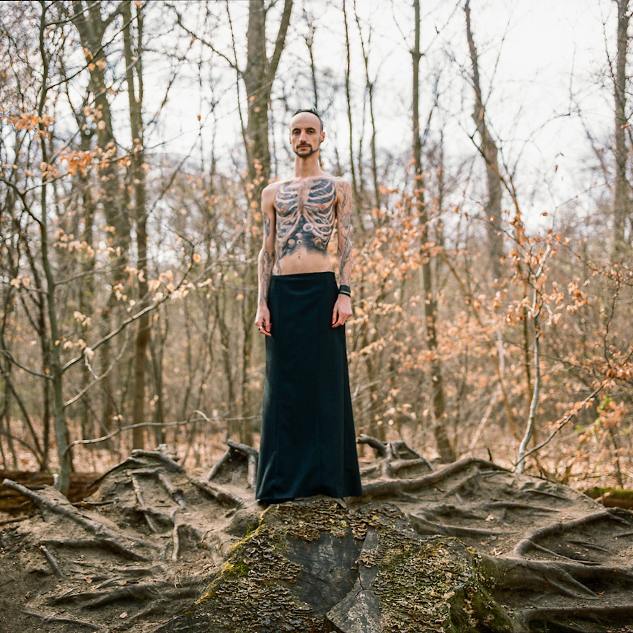 A tattooed person with a bare torso stands on a large tree stump in the forest, wearing a long black skirt. The scene feels serene and connected to nature.