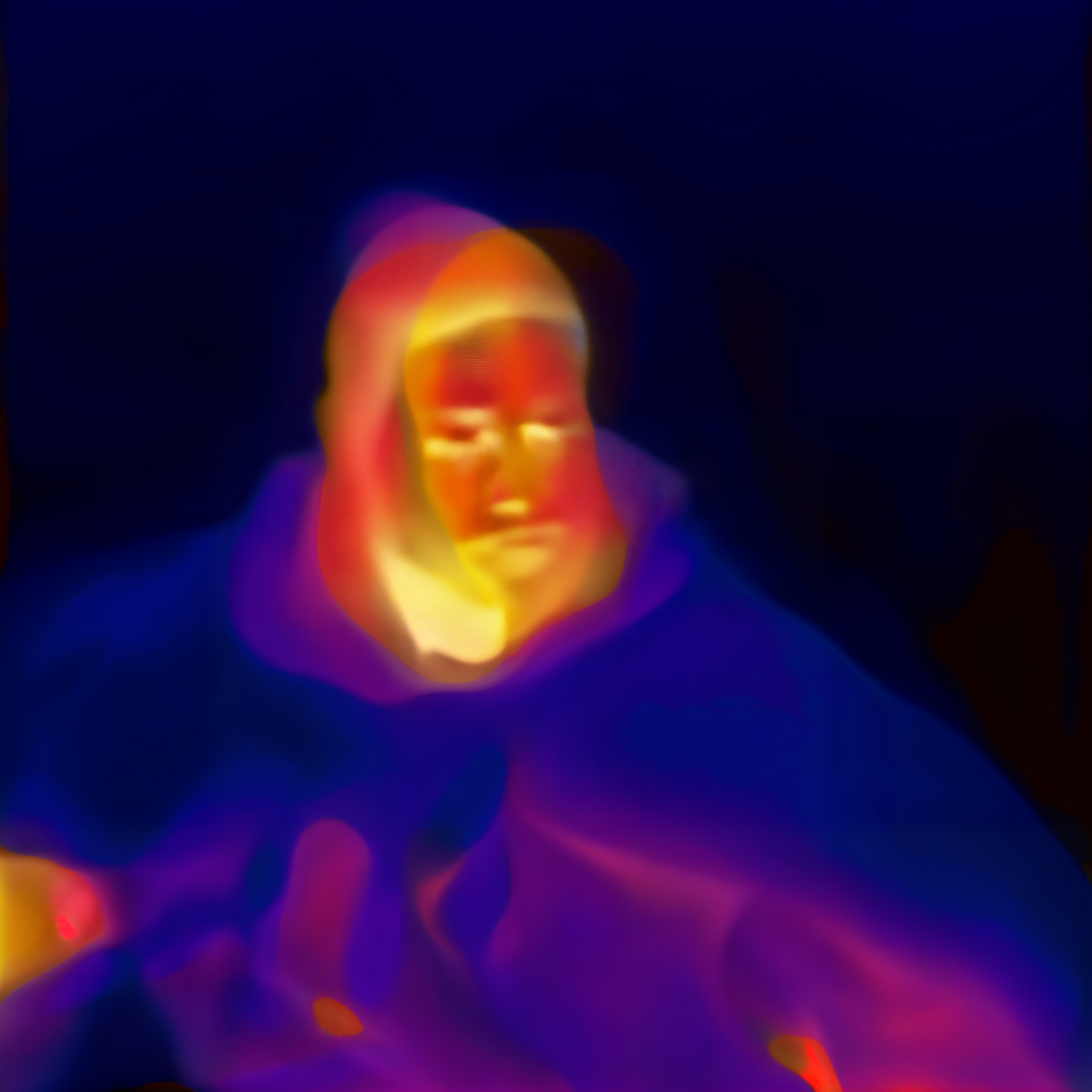 A thermal image of a person wearing a hooded jacket, with their face radiating warm tones of red, orange, and yellow against a dark blue background.