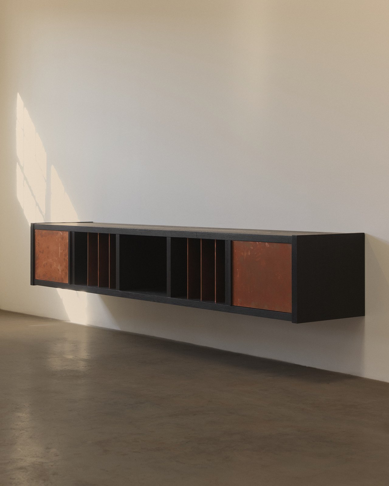 Floating credenza in Charred White Oak