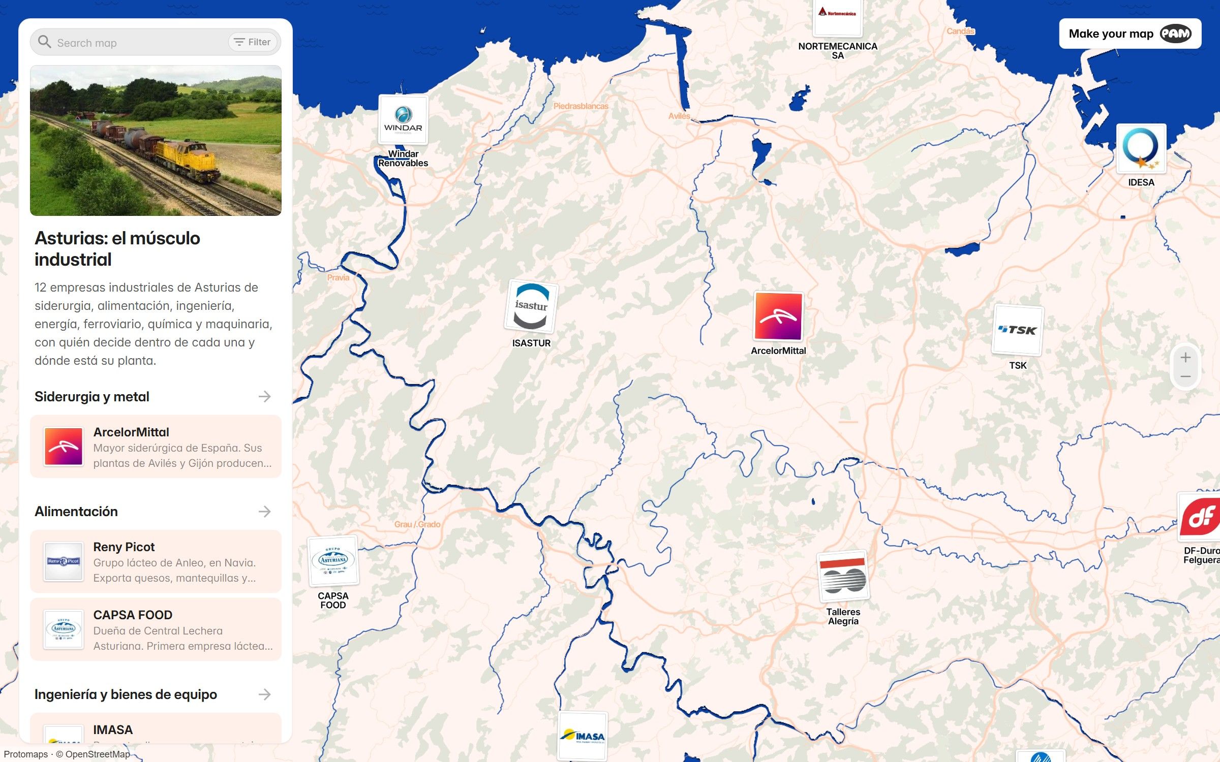 Captura del mapa del tejido industrial de Asturias, con el listado de empresas a la izquierda