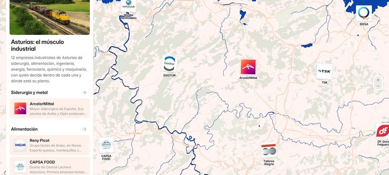 Captura del mapa del tejido industrial de Asturias, con el listado de empresas a la izquierda