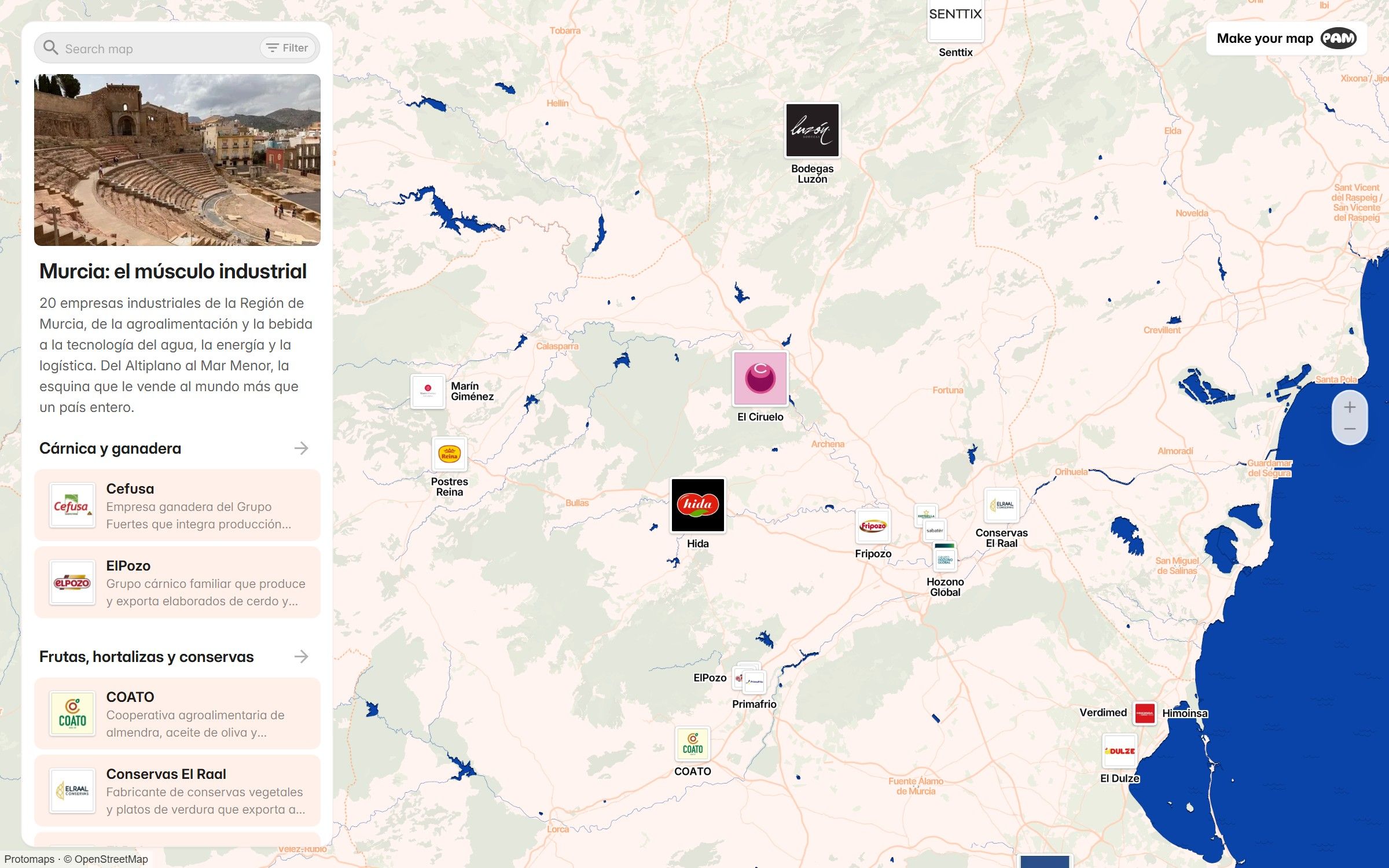 Captura del mapa del tejido industrial de Murcia, con el listado de empresas a la izquierda