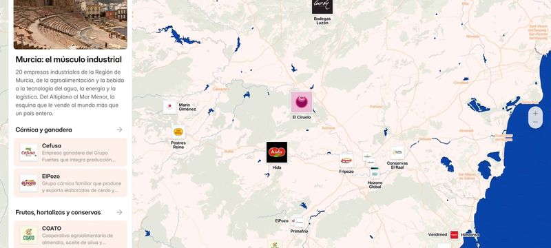 Captura del mapa del tejido industrial de Murcia, con el listado de empresas a la izquierda
