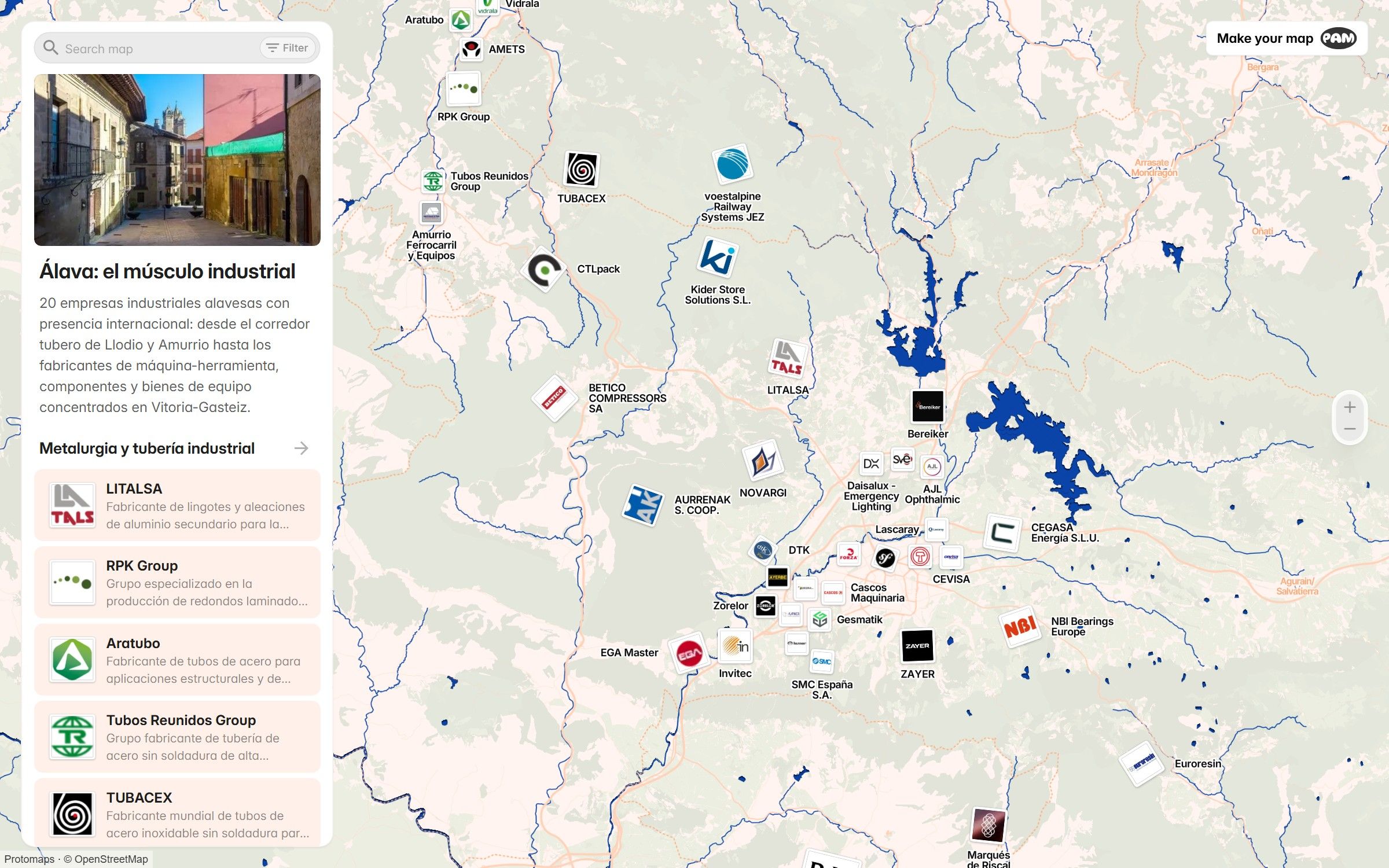 Captura del mapa del tejido industrial de Álava, con el listado de empresas a la izquierda