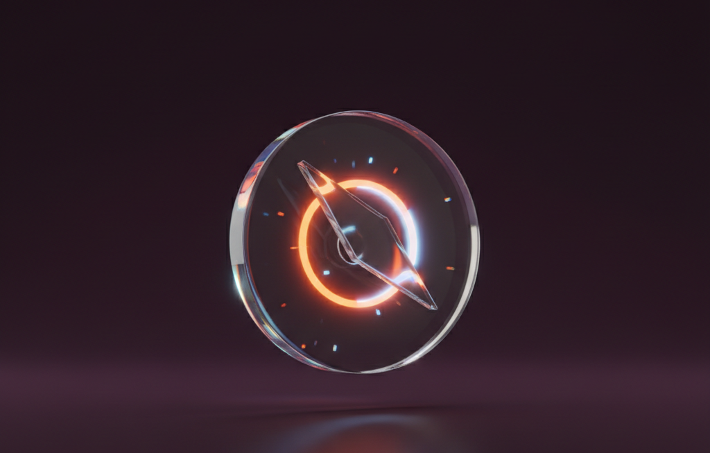 Brújula de cristal con la aguja iluminada en naranja