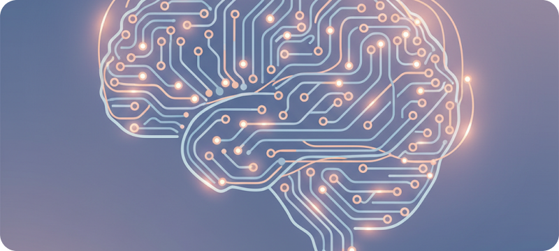 Ilustración de un cerebro conectado a un circuito de datos