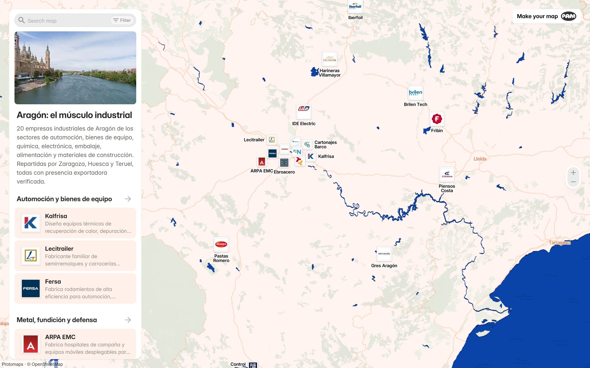 Captura del mapa del tejido industrial de Aragón, con el listado de empresas a la izquierda