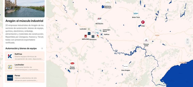 Captura del mapa del tejido industrial de Aragón, con el listado de empresas a la izquierda