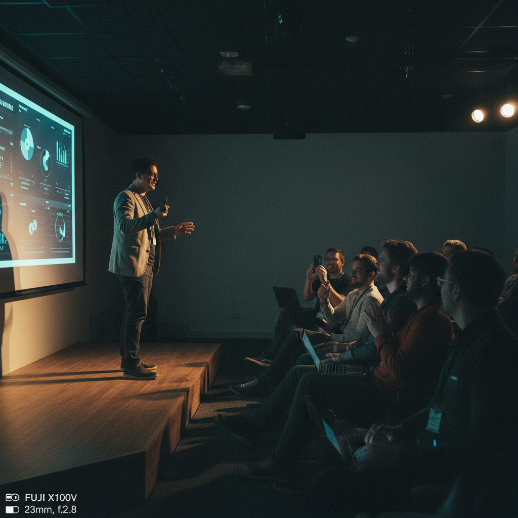 Ponente presentando ante una pantalla en una sala en penumbra