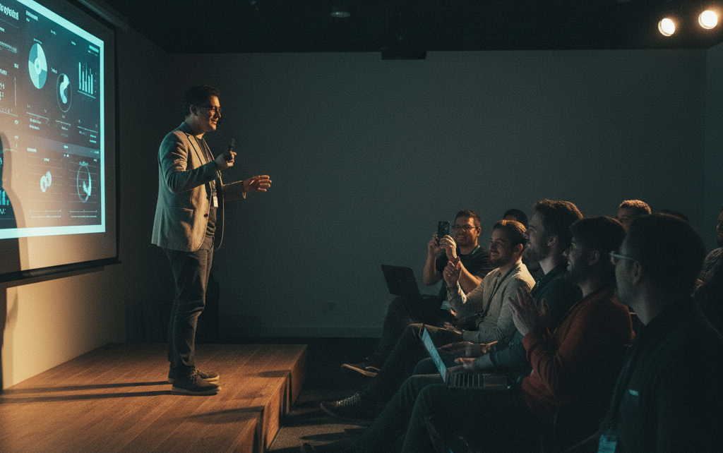 Ponente presentando ante una pantalla en una sala en penumbra