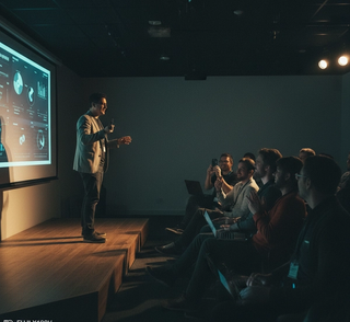 Ponente presentando ante una pantalla en una sala en penumbra