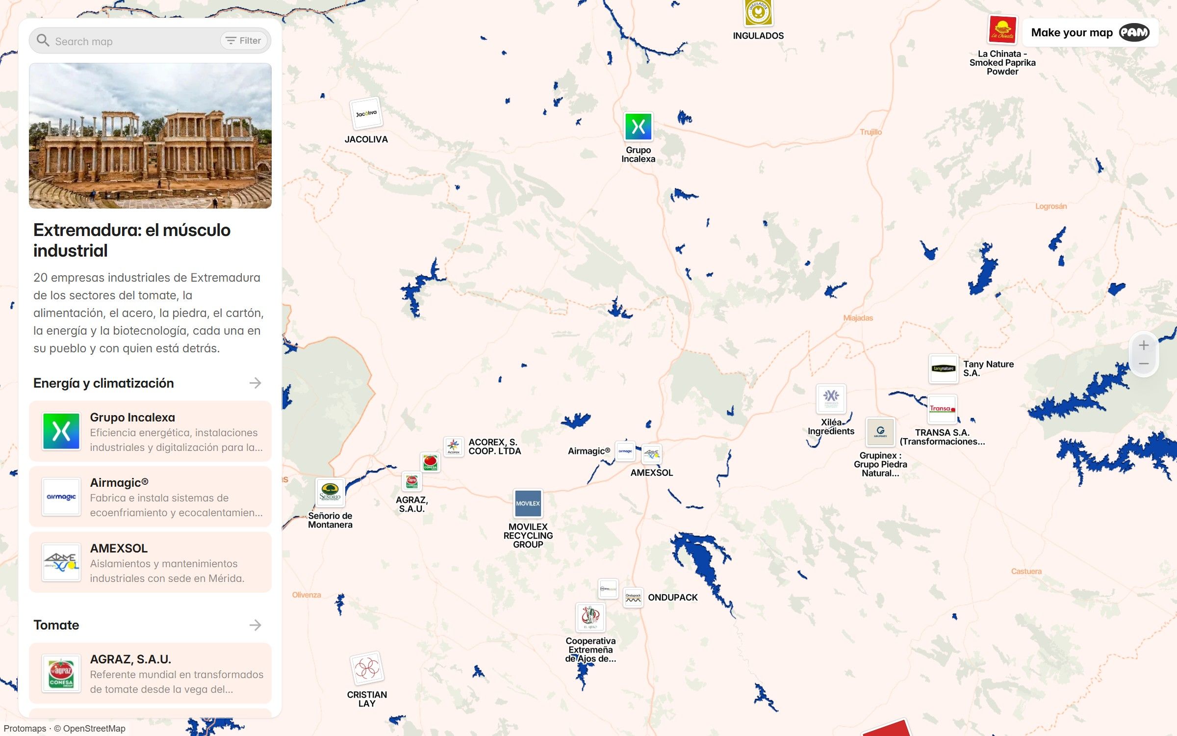 Captura del mapa del tejido industrial de Extremadura, con el listado de empresas a la izquierda