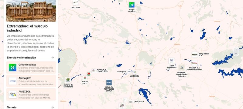 Captura del mapa del tejido industrial de Extremadura, con el listado de empresas a la izquierda