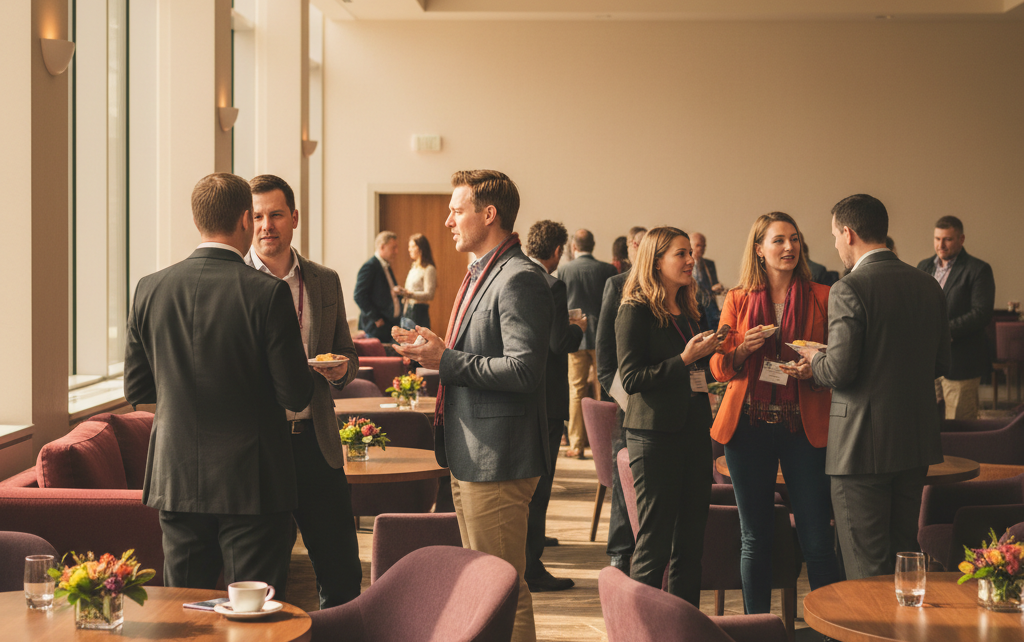 Asistentes conversando durante la pausa de un evento profesional