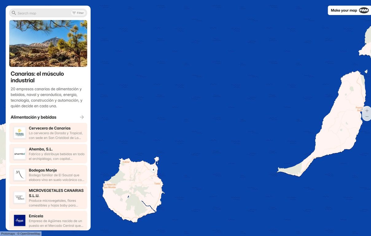 Captura del mapa del tejido industrial de Canarias, con el listado de empresas a la izquierda