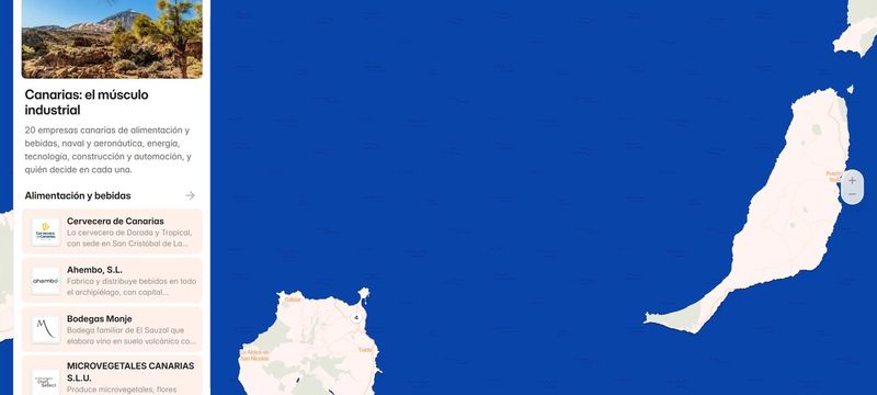Captura del mapa del tejido industrial de Canarias, con el listado de empresas a la izquierda