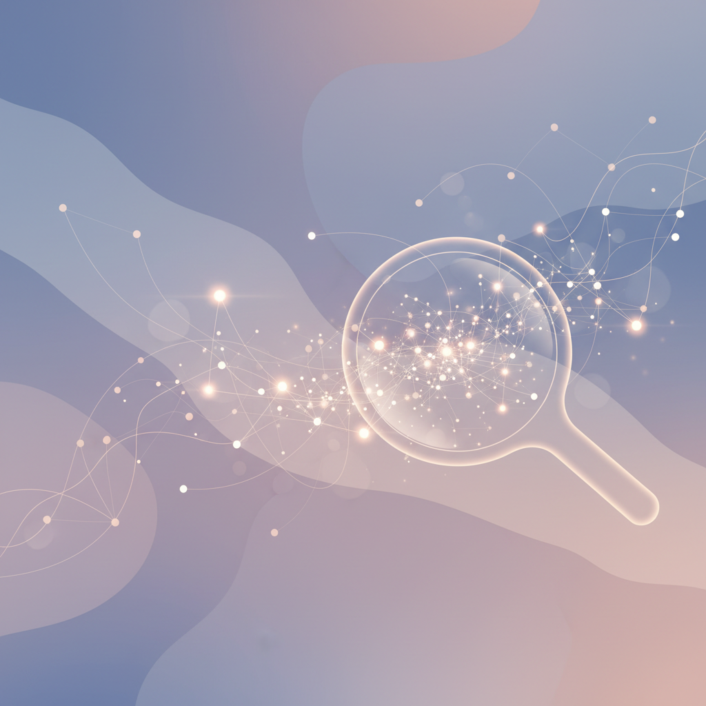 Ilustración de una lupa sobre una nube de puntos de datos conectados