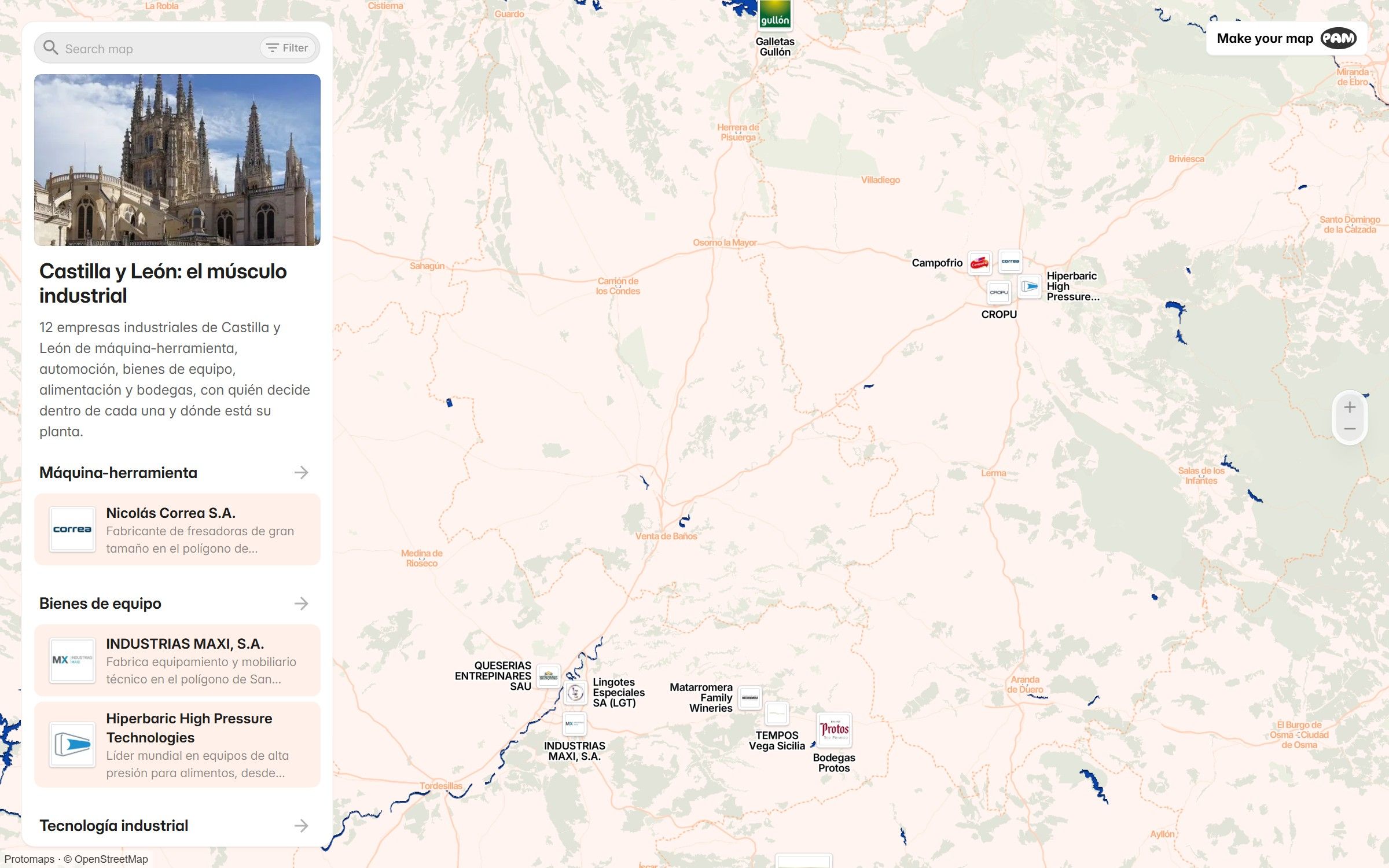 Captura del mapa del tejido industrial de Castilla y León, con el listado de empresas a la izquierda