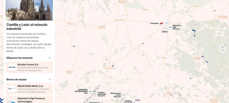 Captura del mapa del tejido industrial de Castilla y León, con el listado de empresas a la izquierda