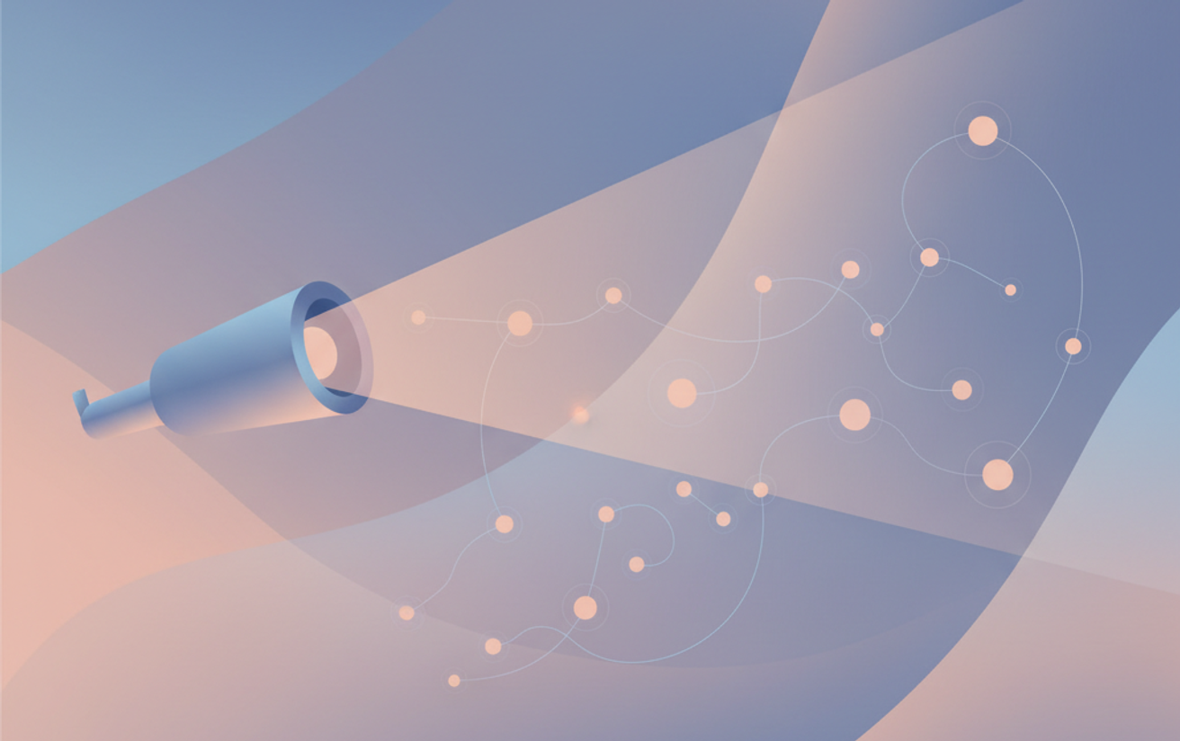 Ilustración de un catalejo proyectando luz sobre una constelación de señales conectadas