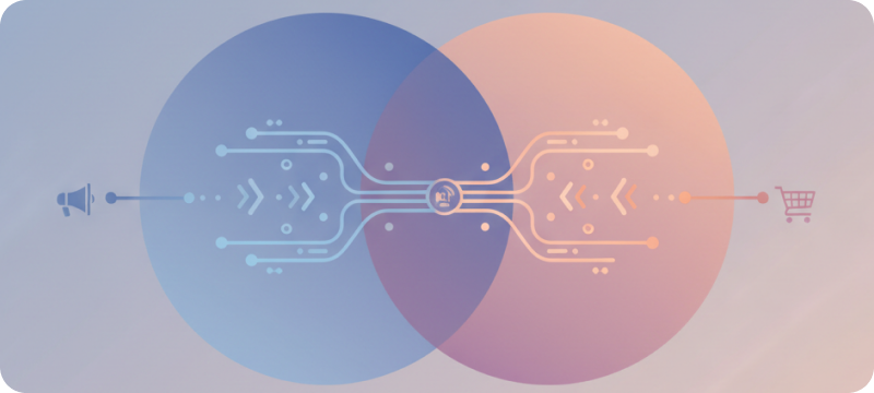 Ilustración de dos circuitos que confluyen, marketing y ventas conectados