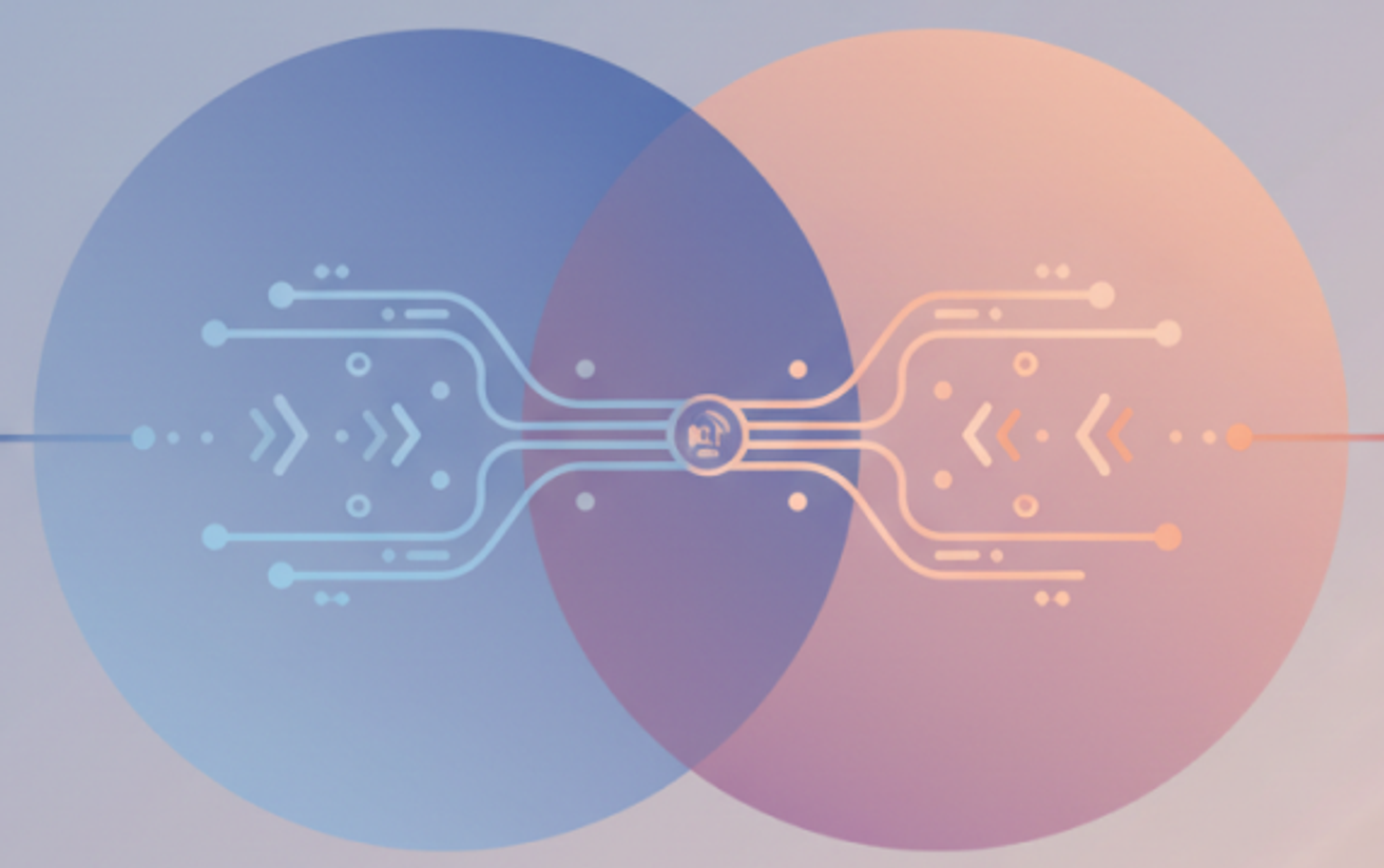 Ilustración de dos circuitos que confluyen, marketing y ventas conectados