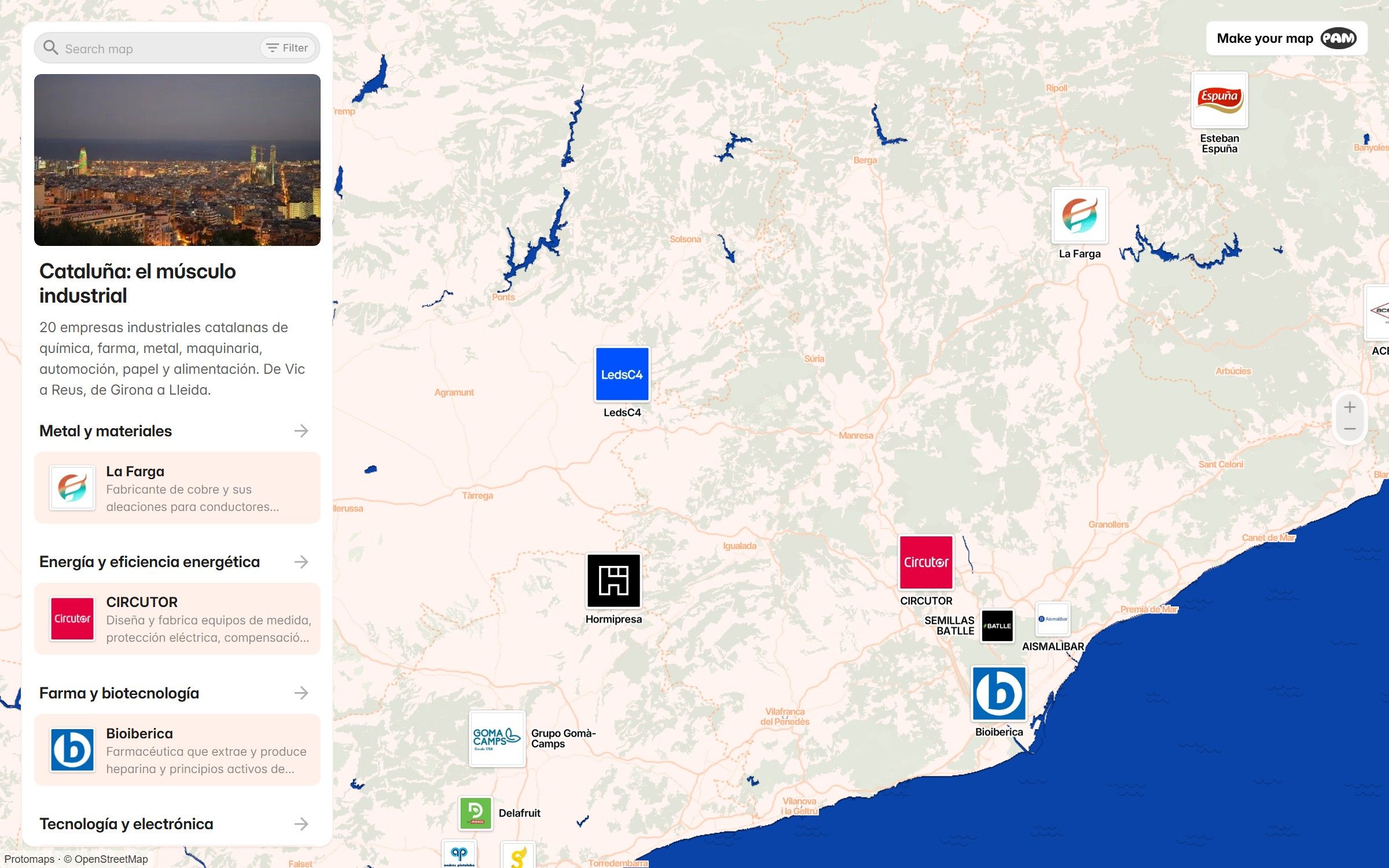 Captura del mapa del tejido industrial de Cataluña, con el listado de empresas a la izquierda